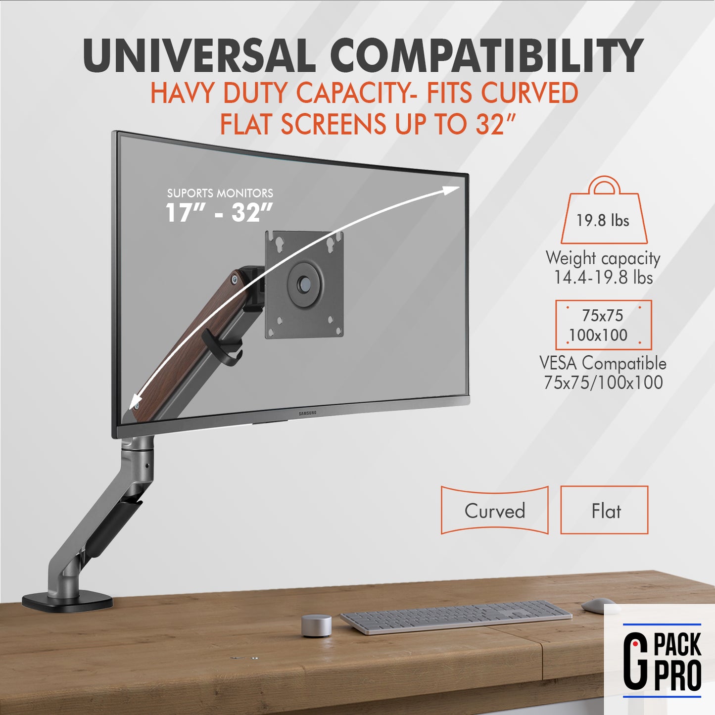 G-Pack Pro Single Monitor Arm | Spring-Assisted for 32" Screens (Silver)
