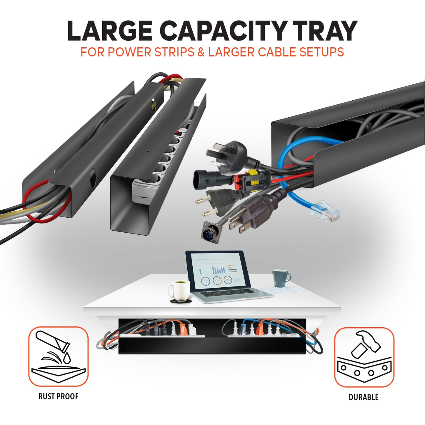 G-Pack Pro Under Desk Cable Tray | Metal Wire Organizer (Black)