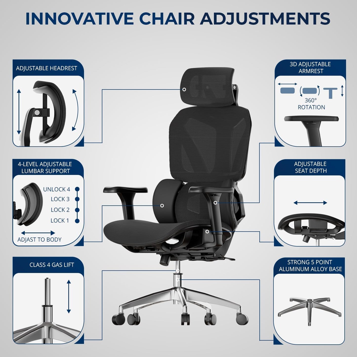 G-Pack Pro Ergonomic Mesh Office Chair – Headrest, Adjustable Armrests & Lumbar Support