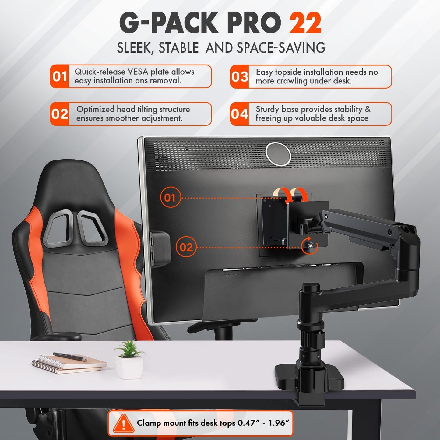 G-Pack Pro Single Monitor Arm | Heavy-Duty for 49" Screens (Black)