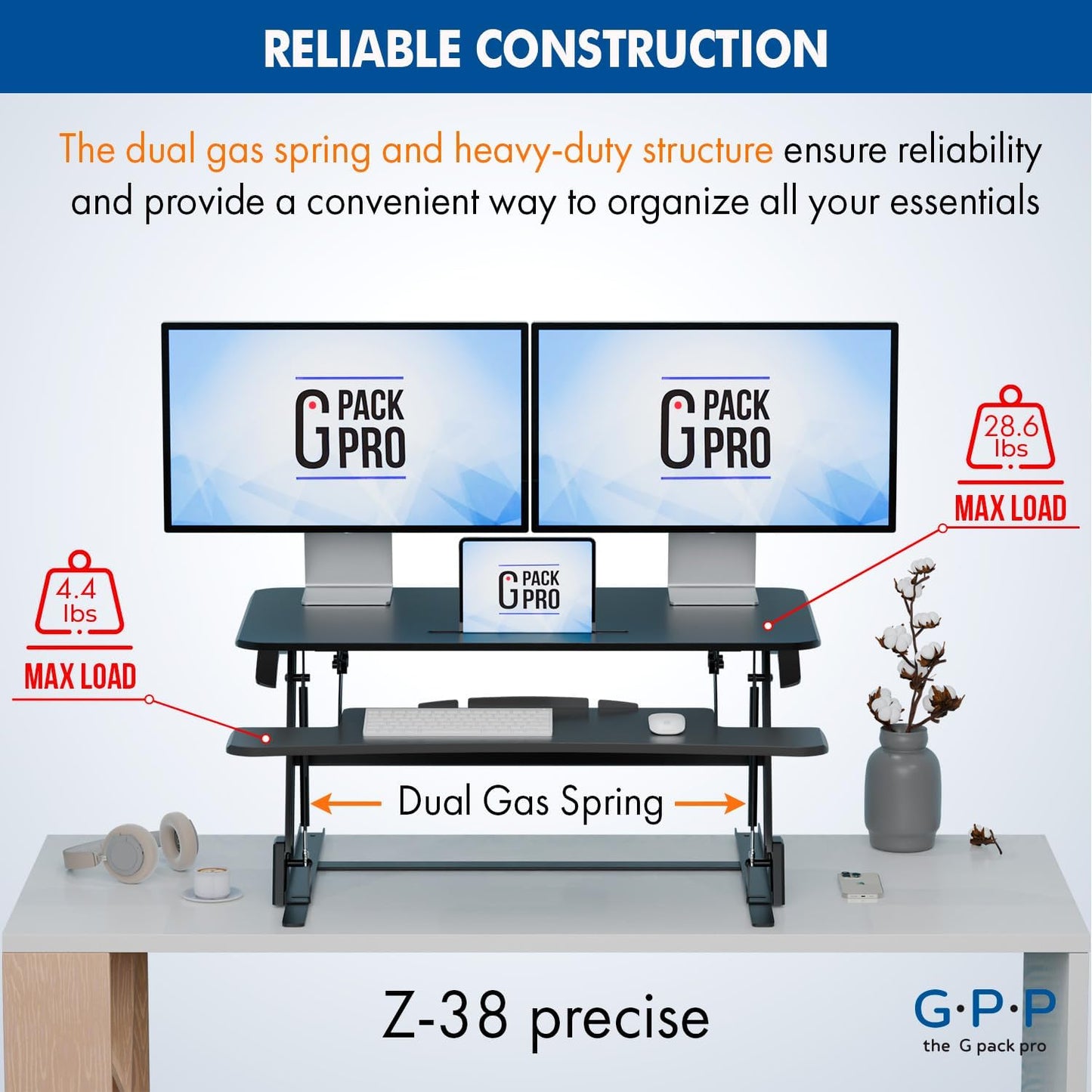 G-Pack Pro 38" Standing Desk Converter – Adjustable Sit-to-Stand Dual Monitor Riser