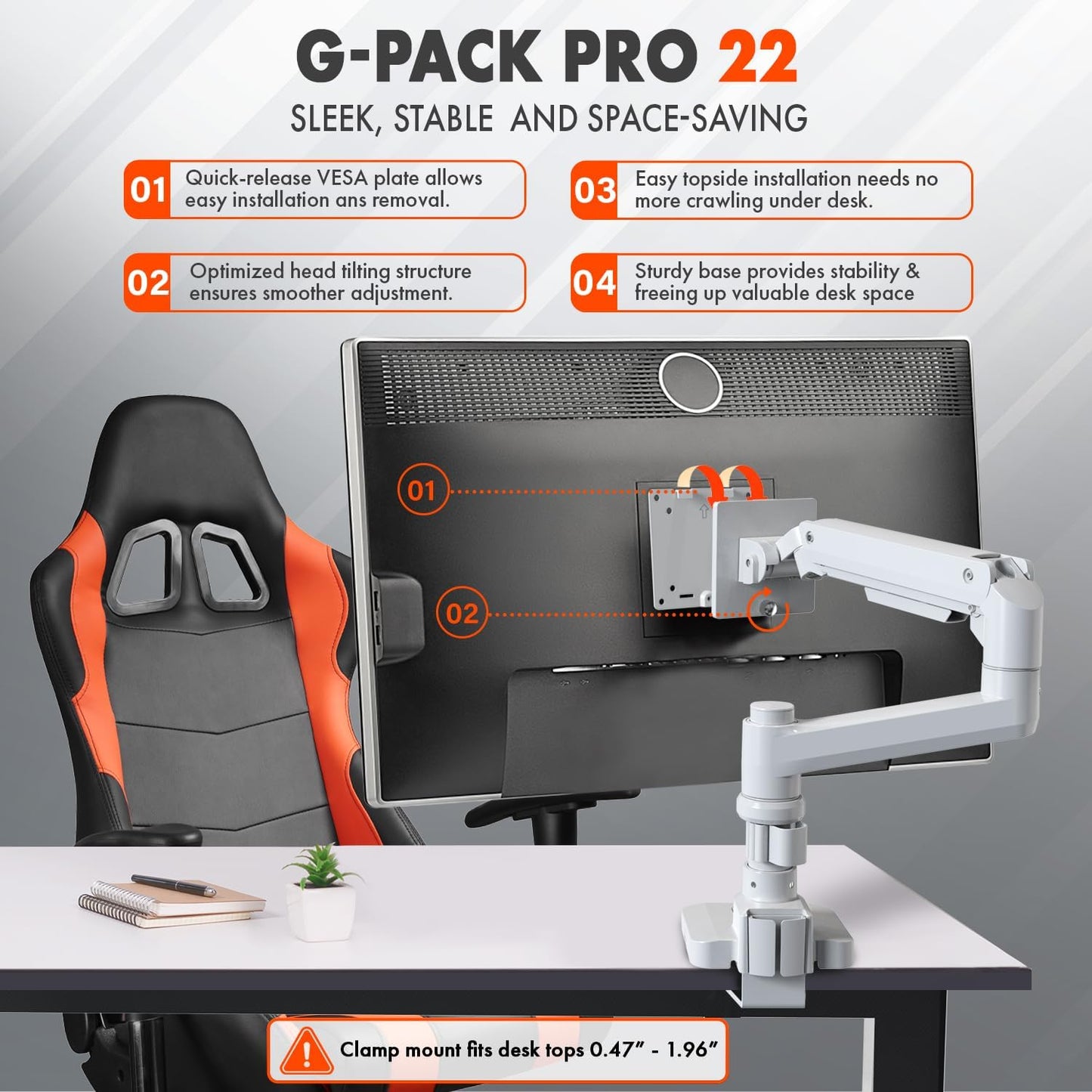 G-Pack Pro Single Monitor Arm | Heavy-Duty for 49" Screens (White)