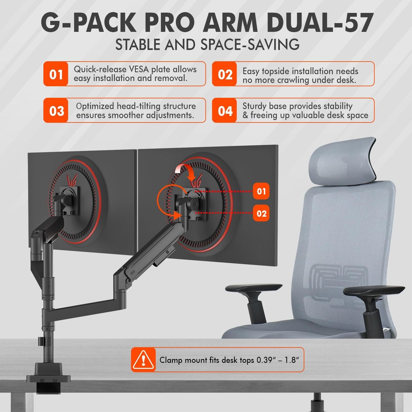 G-Pack Pro Ultrawide Dual Monitor Arm – Holds 57” Screens & 59.4 lbs Each, VESA & Gas Spring