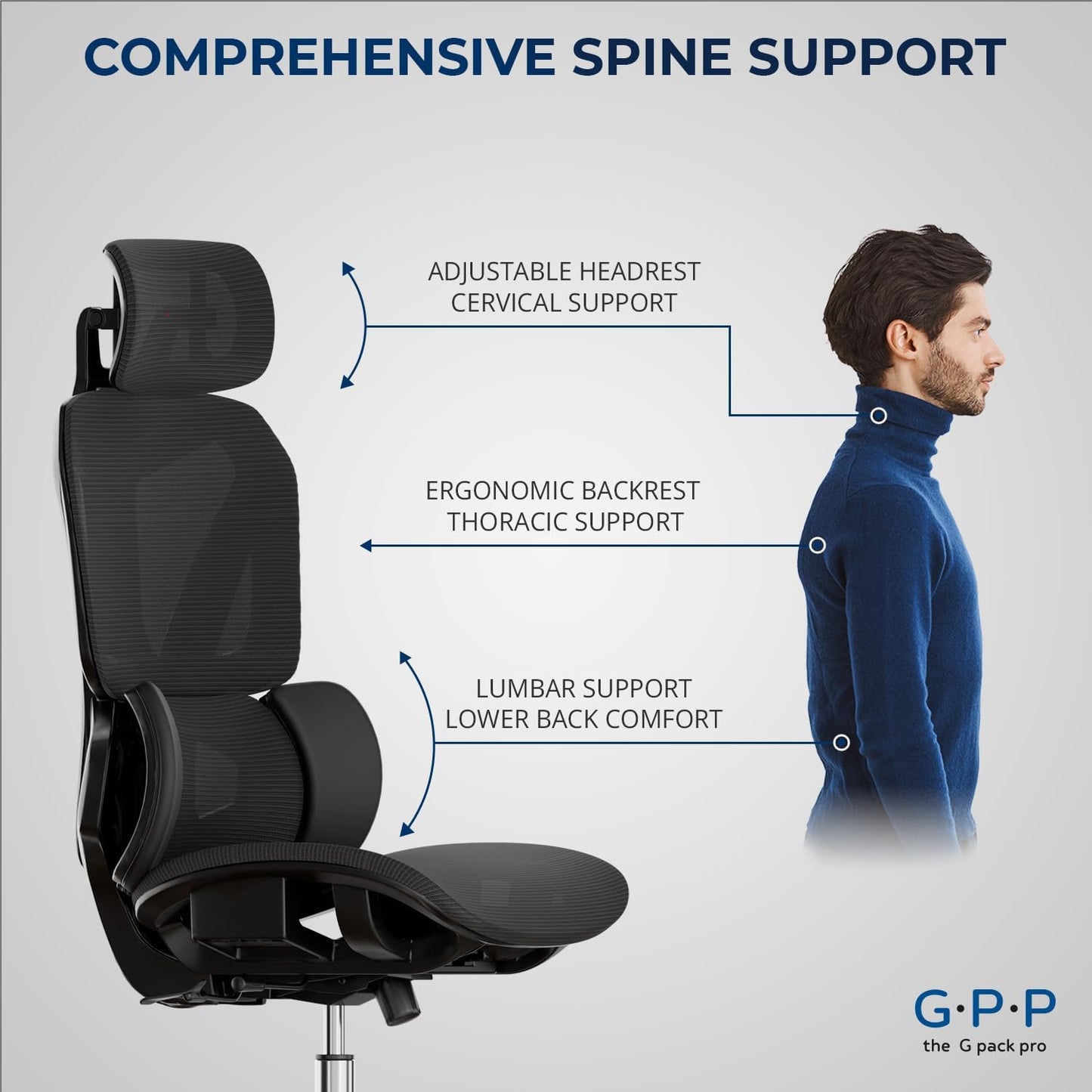 G-Pack Pro Ergonomic Mesh Office Chair – Headrest, Adjustable Armrests & Lumbar Support