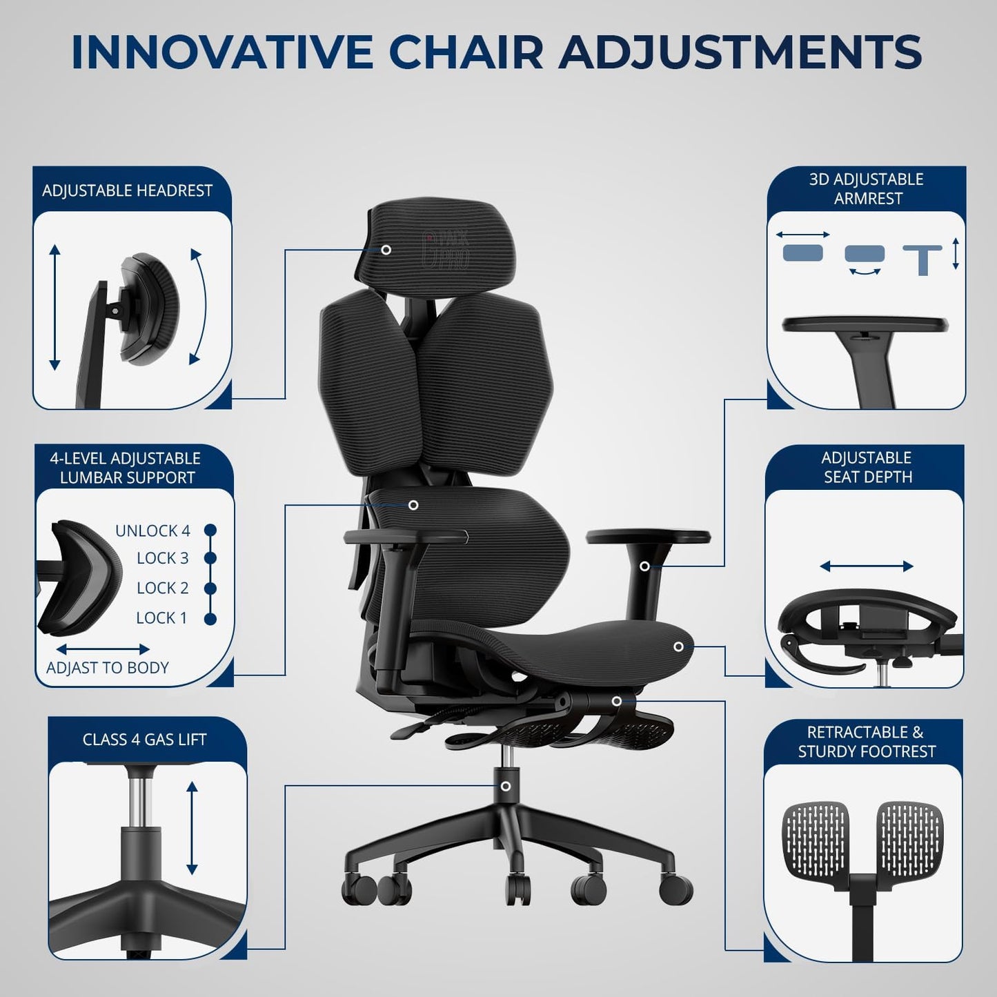 G-Pack Pro Ergonomic Mesh Office Chair – 4-Level Lumbar Support, Headrest, 3D Armrests & Footrest