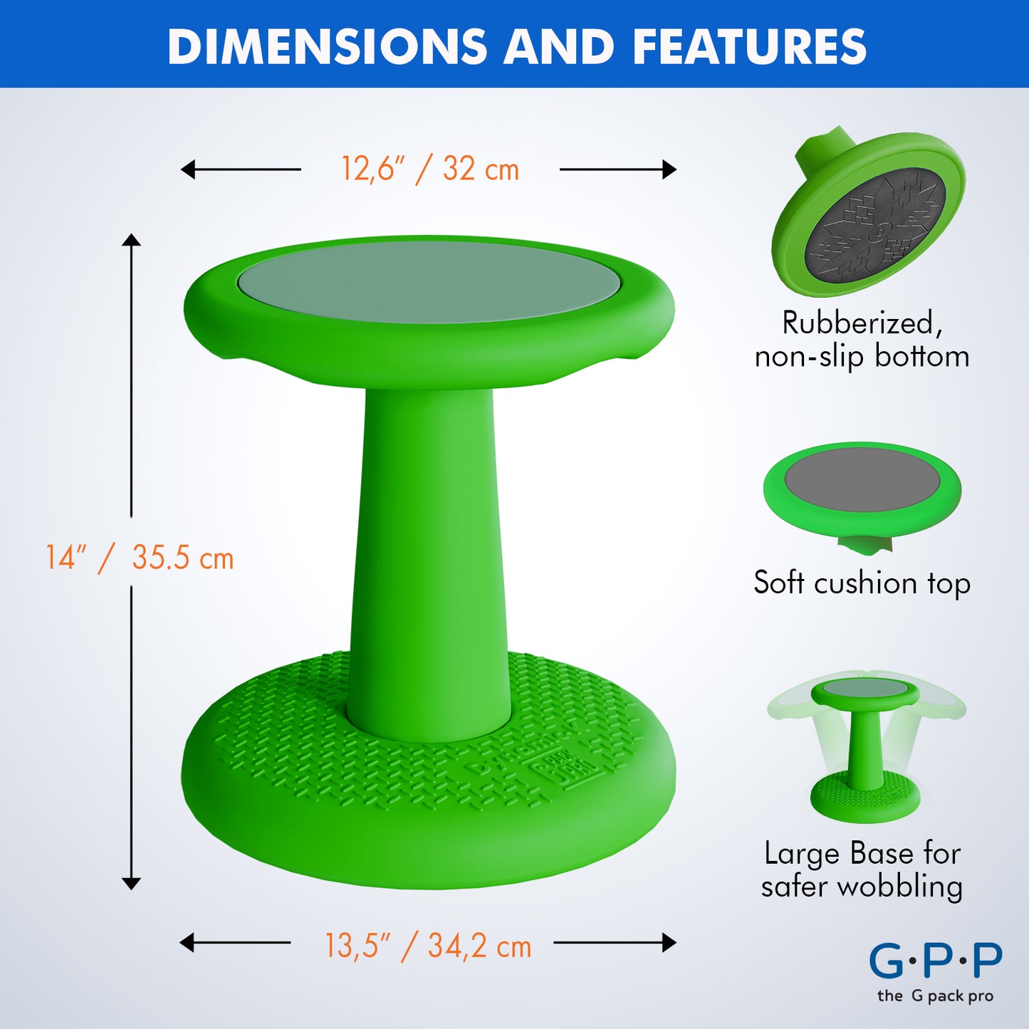 G-Pack Pro Kids Wobble Stool - Active Seating, 14" Pack of 2 (Green)