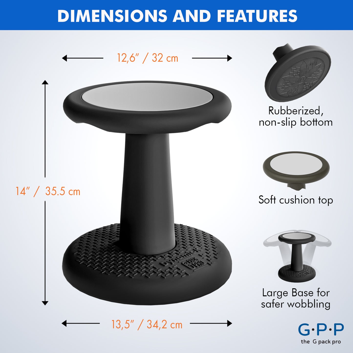 G-Pack Pro Kids Wobble Stool - Active Seating, 14" Pack of 2 (Black)