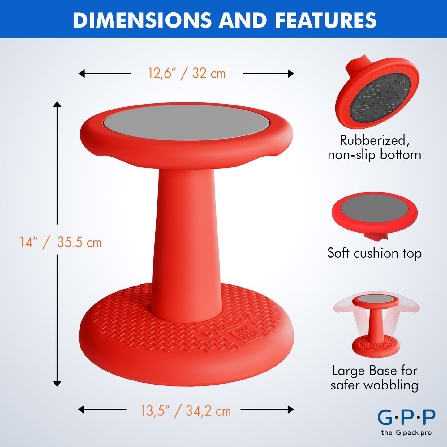 G-Pack Pro Kids Wobble Stool - Active Seating, 14" (Red)