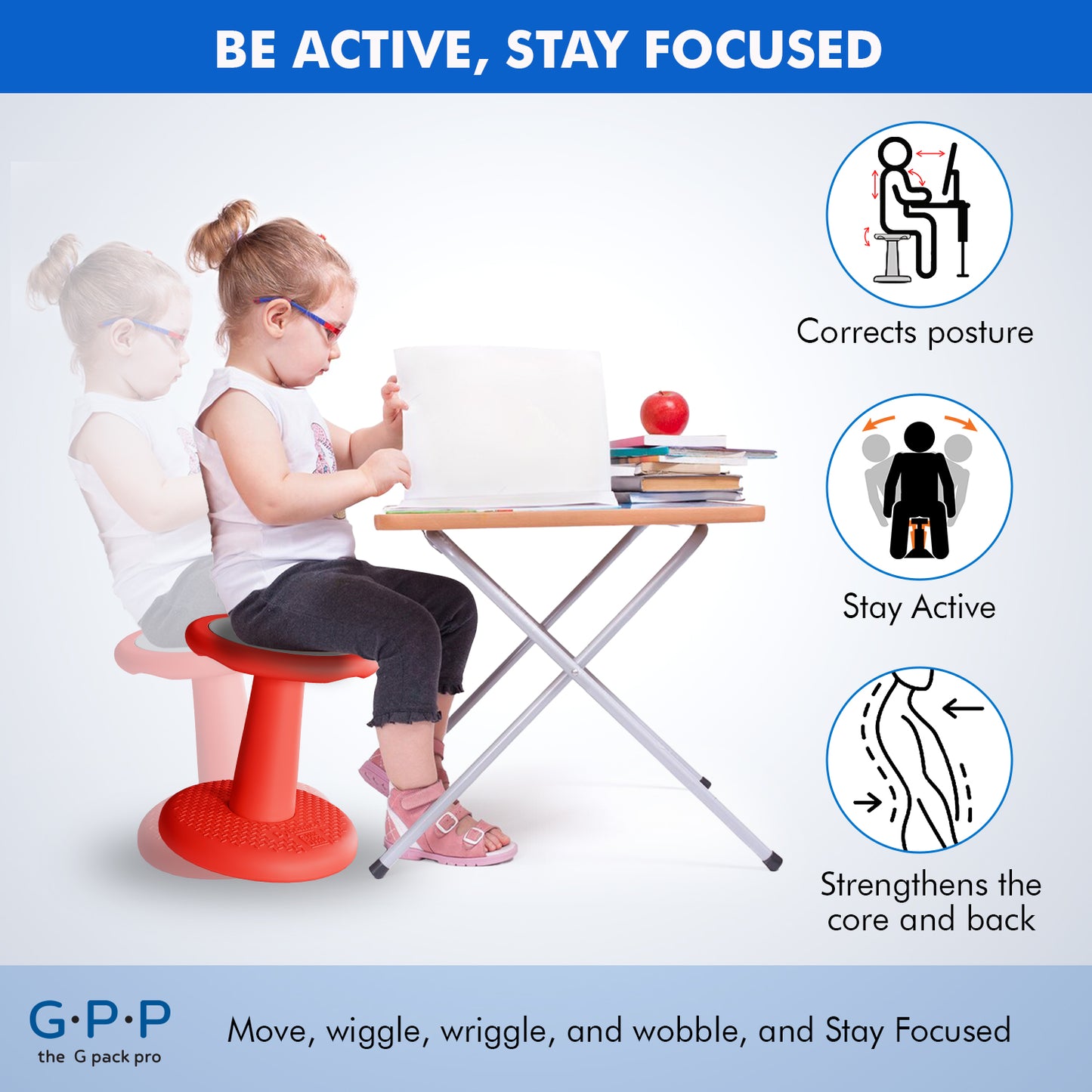 G-Pack Pro Kids Wobble Stool - Active Seating, 14" (Red)