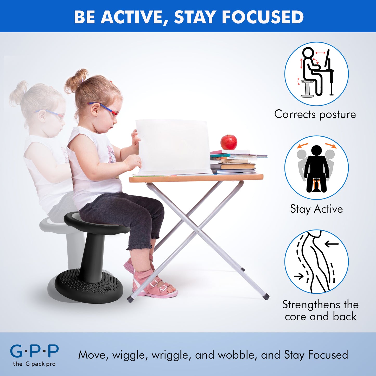 G-Pack Pro Kids Wobble Stool - Active Seating, 14" Pack of 2 (Black)