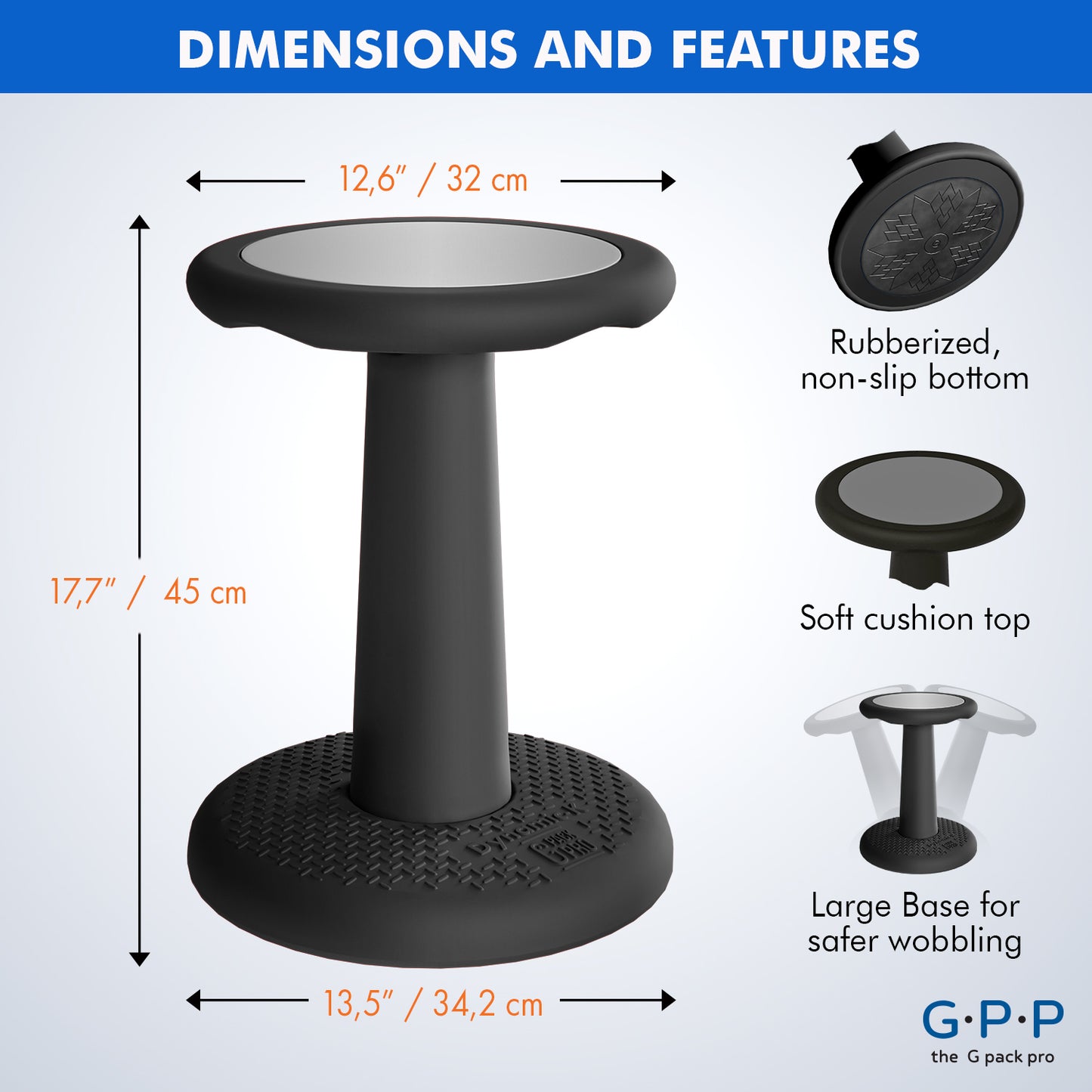 G-Pack Pro Kids Wobble Stool - Active Seating, 17.7" (Black)