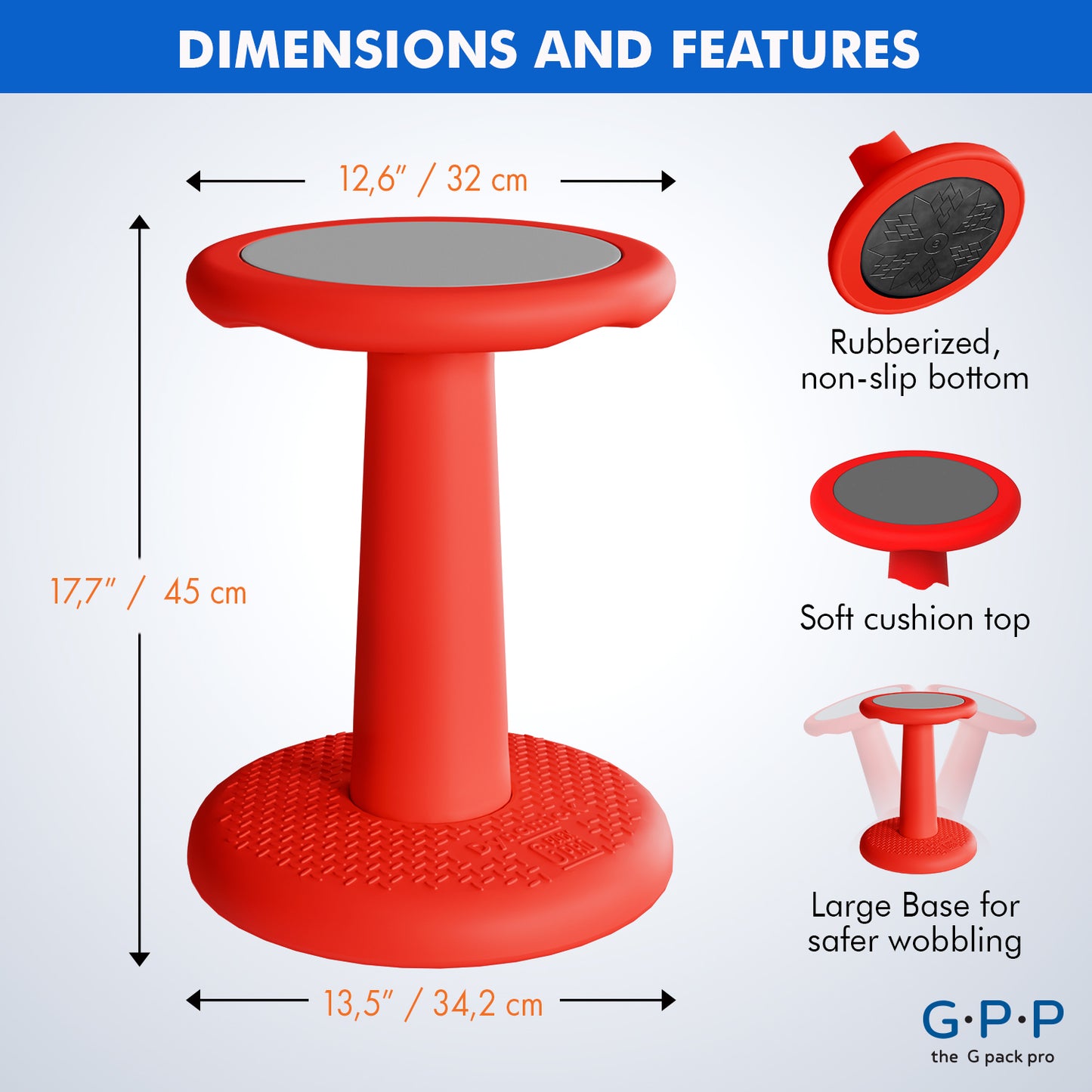G-Pack Pro Kids Wobble Stool - Active Seating, 17.7" (Red)