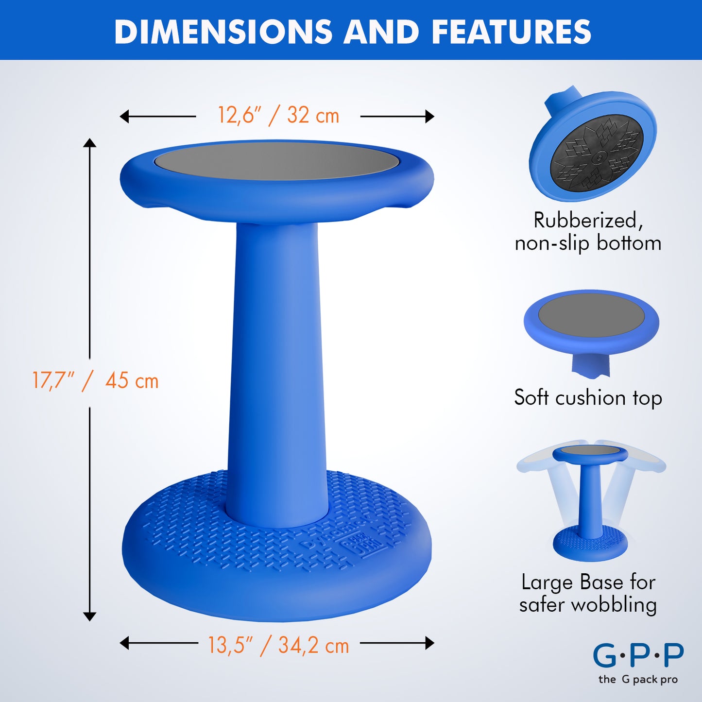 G-Pack Pro Kids Wobble Stool - Active Seating, 17.7" (Blue)