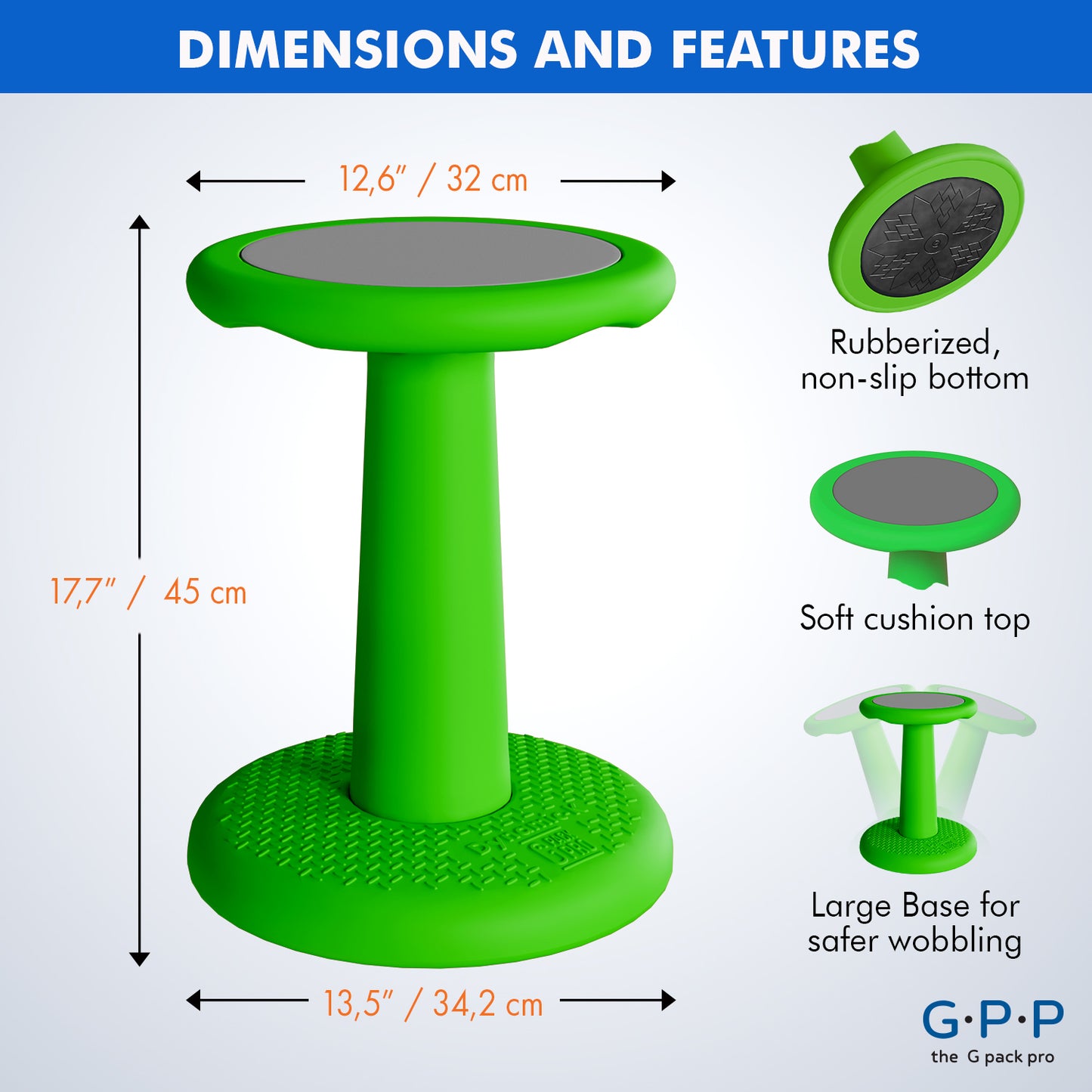 G-Pack Pro Kids Wobble Stool - 2 Pack Active Seating, 17.7" (Green)