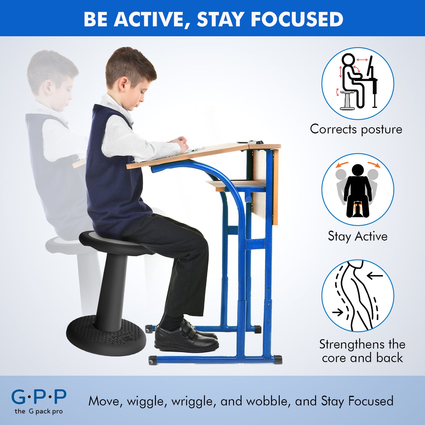 G-Pack Pro Kids Wobble Stool - Active Seating, 17.7" (Black)