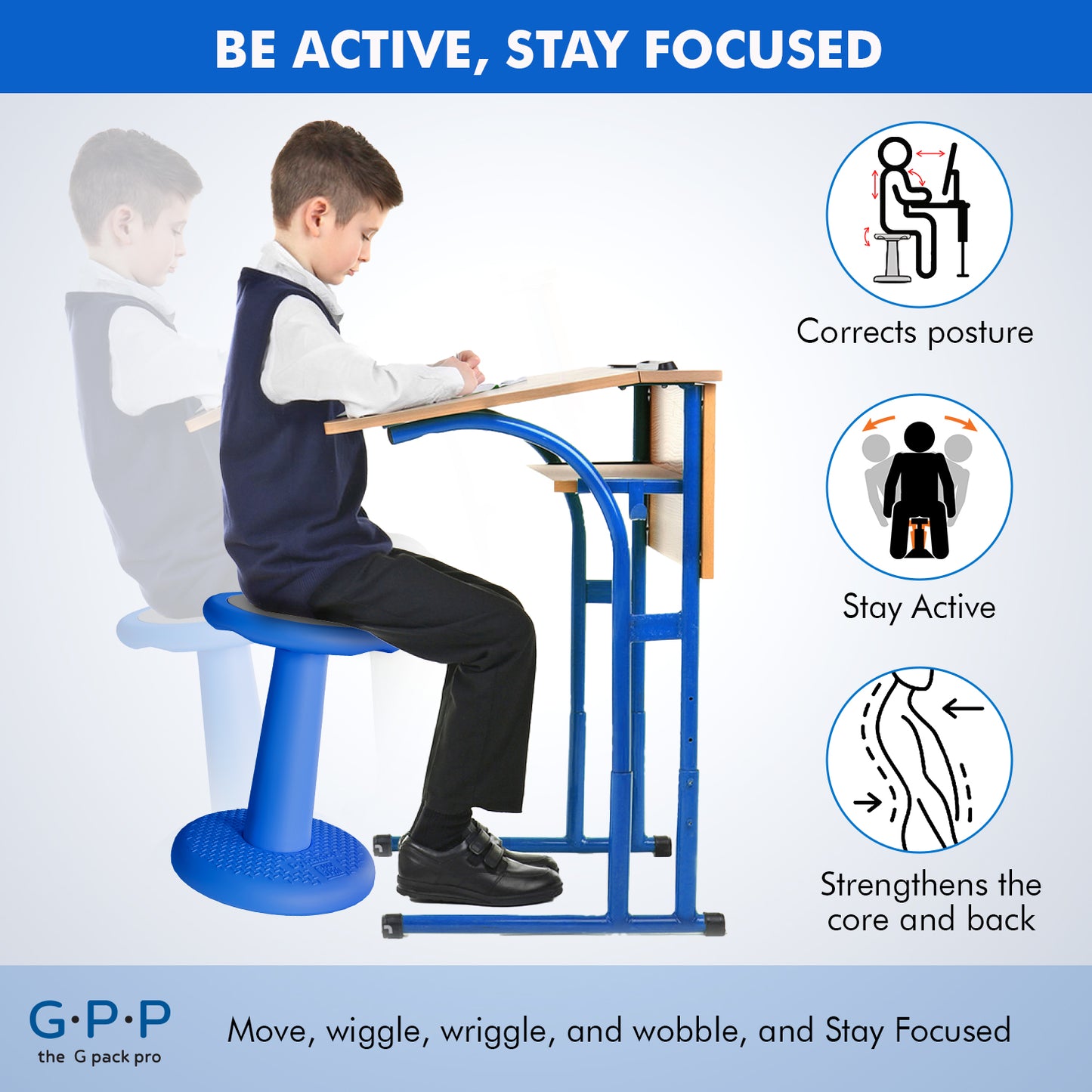 G-Pack Pro Kids Wobble Stool - Active Seating, 17.7" (Blue)