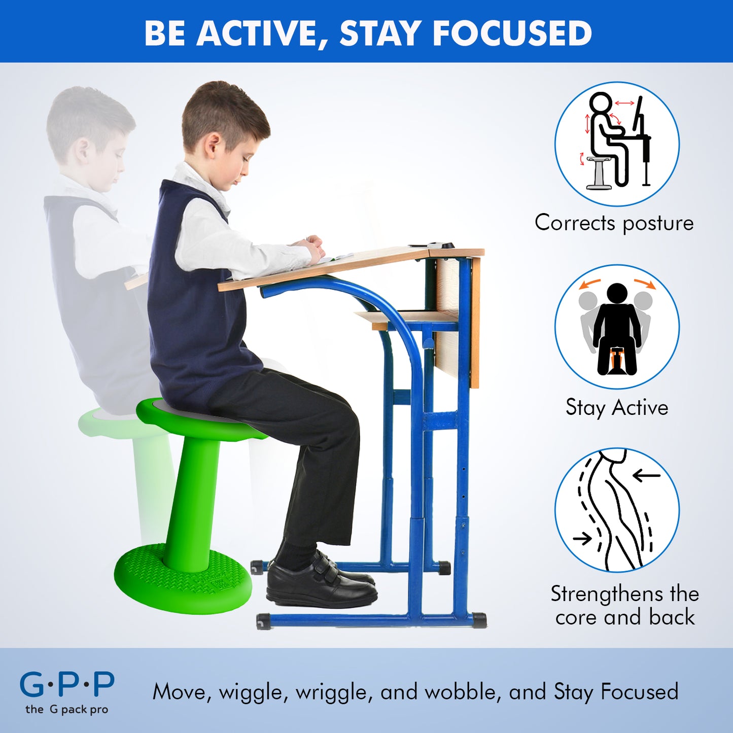 G-Pack Pro Kids Wobble Stool - 2 Pack Active Seating, 17.7" (Green)