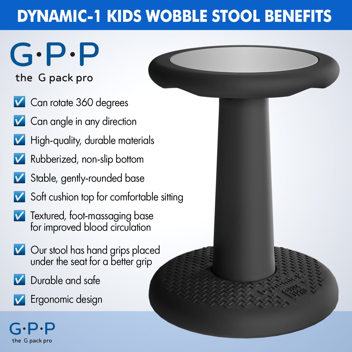 G-Pack Pro Kids Wobble Stool - Active Seating, 17.7" (Black)