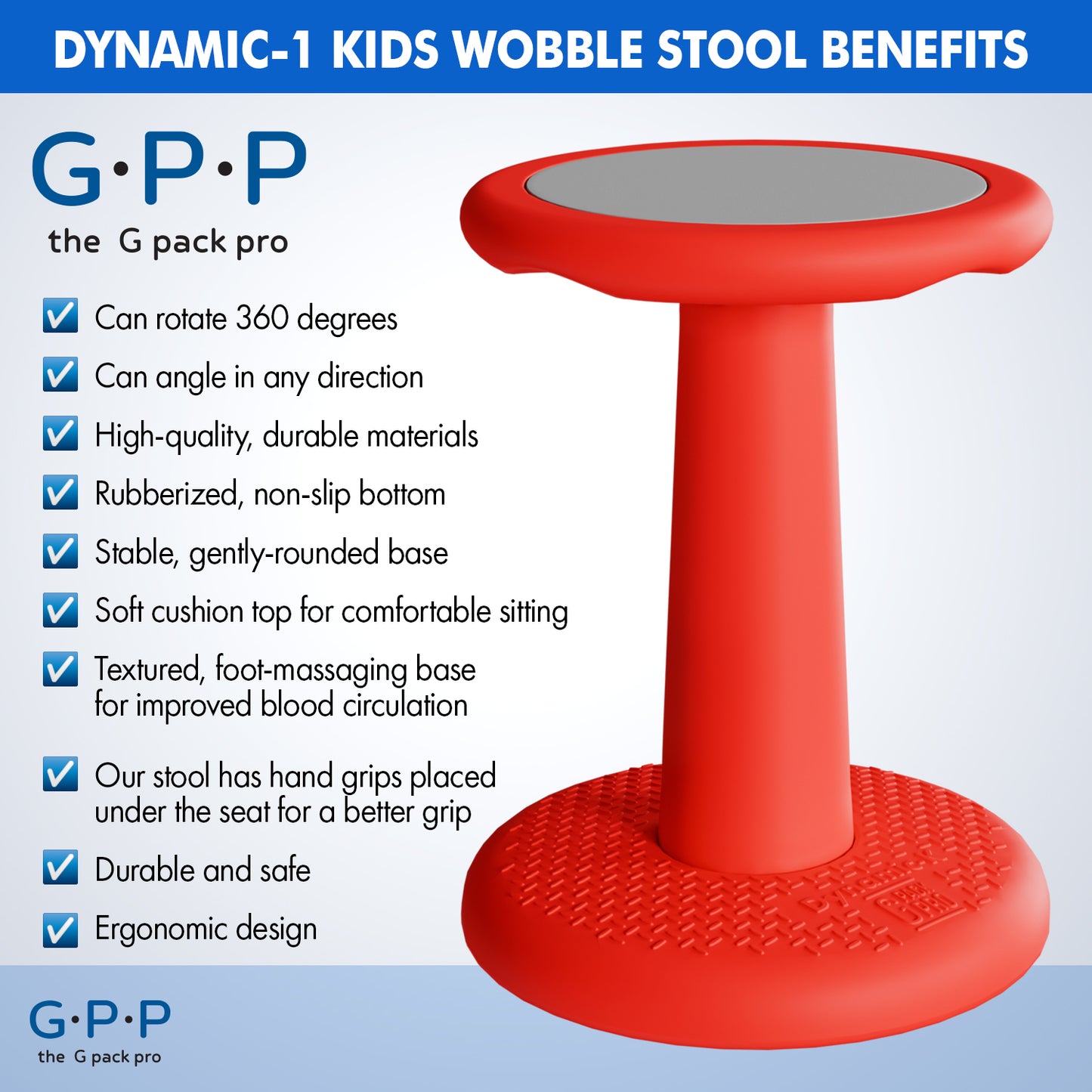 G-Pack Pro Kids Wobble Stool - Active Seating, 17.7" (Red)