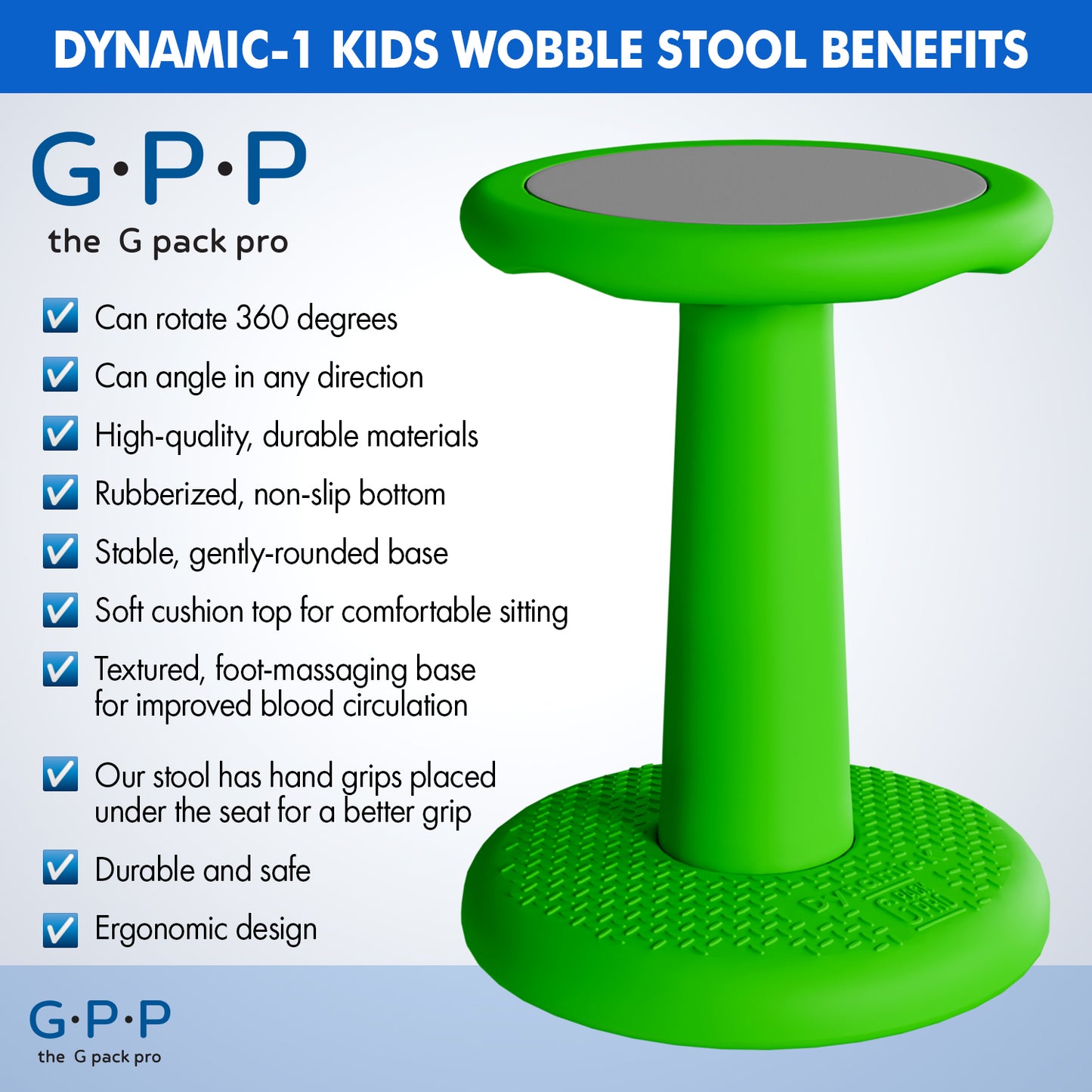 G-Pack Pro Kids Wobble Stool - 2 Pack Active Seating, 17.7" (Green)