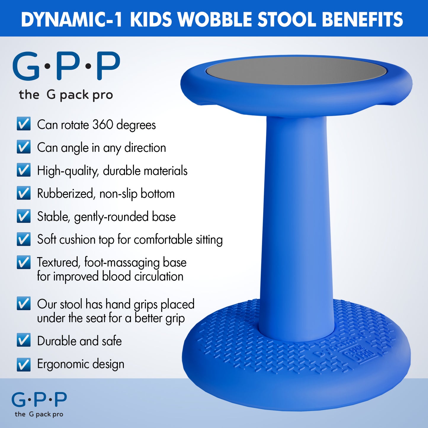 G-Pack Pro Kids Wobble Stool - Active Seating, 17.7" (Blue)