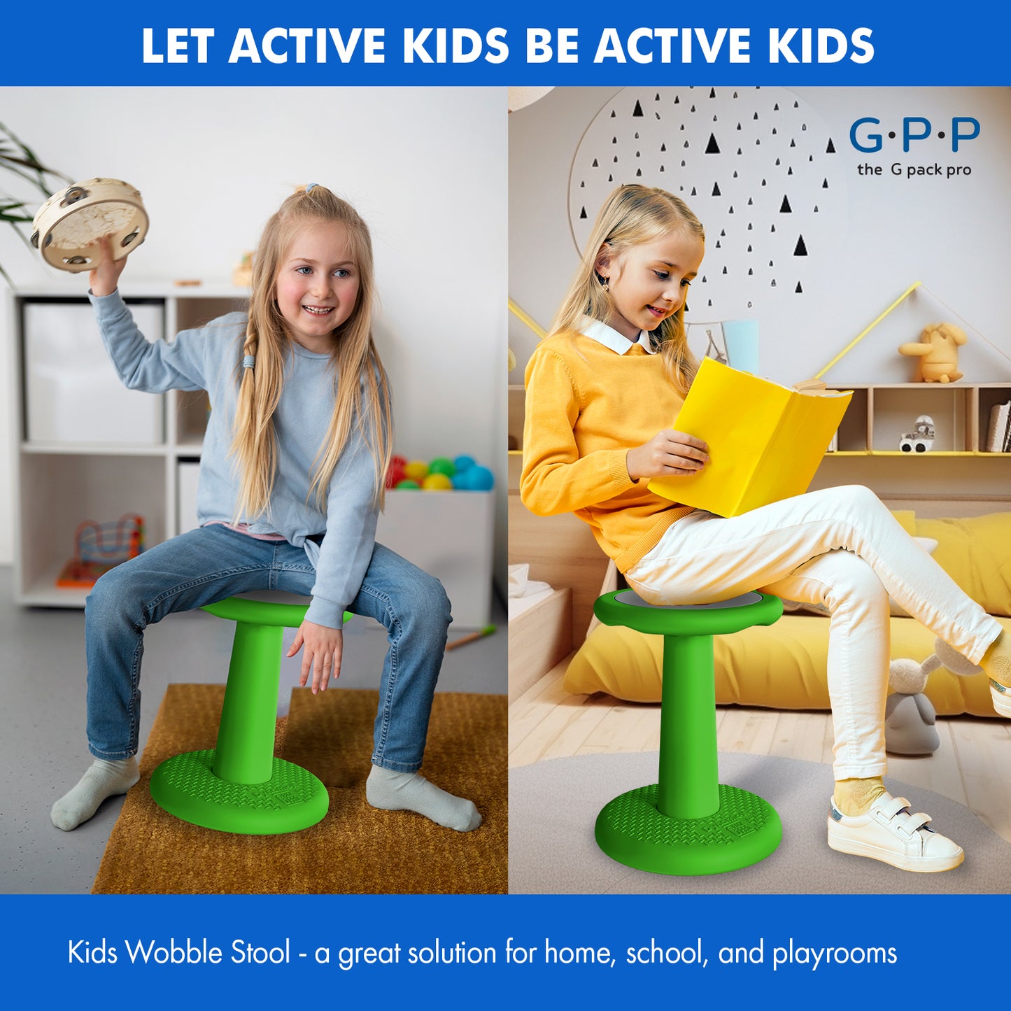 G-Pack Pro Kids Wobble Stool - 2 Pack Active Seating, 17.7" (Green)