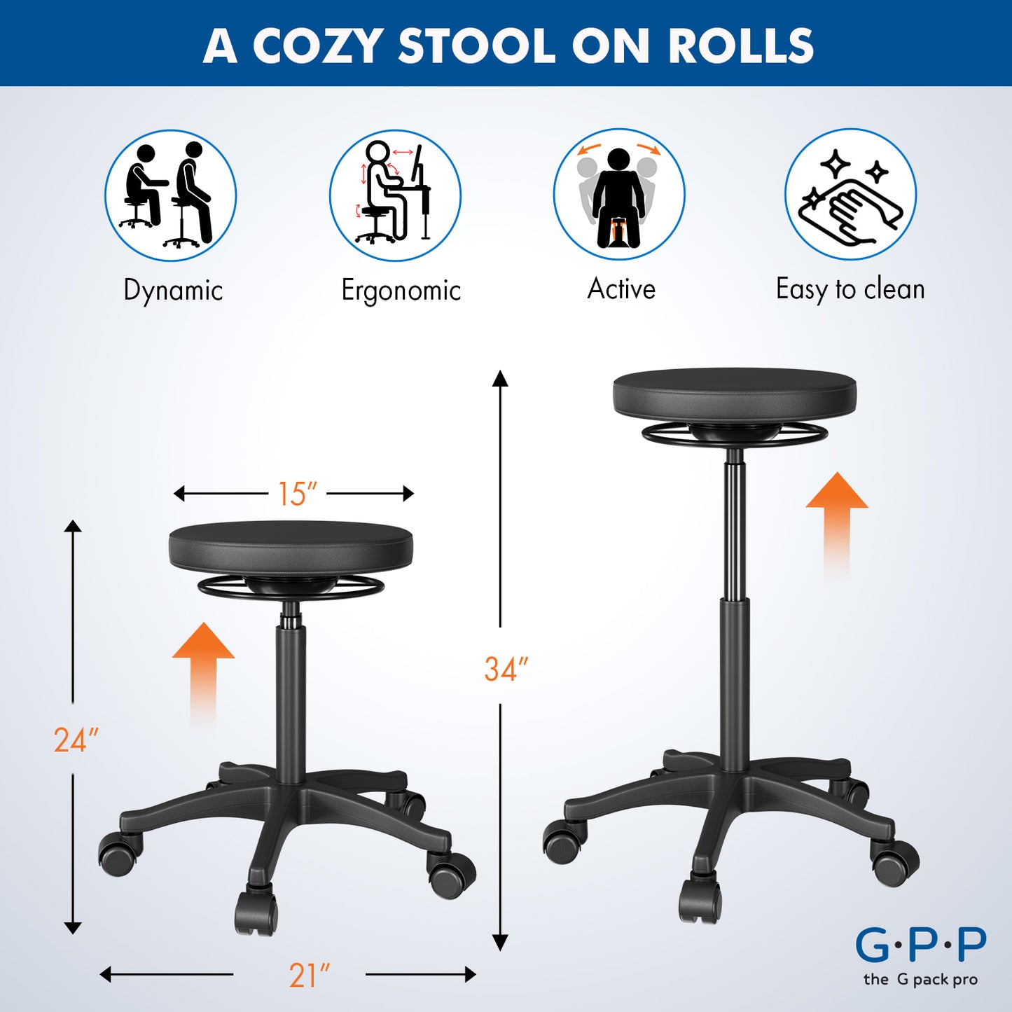 G-Pack Pro Rolling Stool | Ergonomic, Adjustable Swivel (Black)