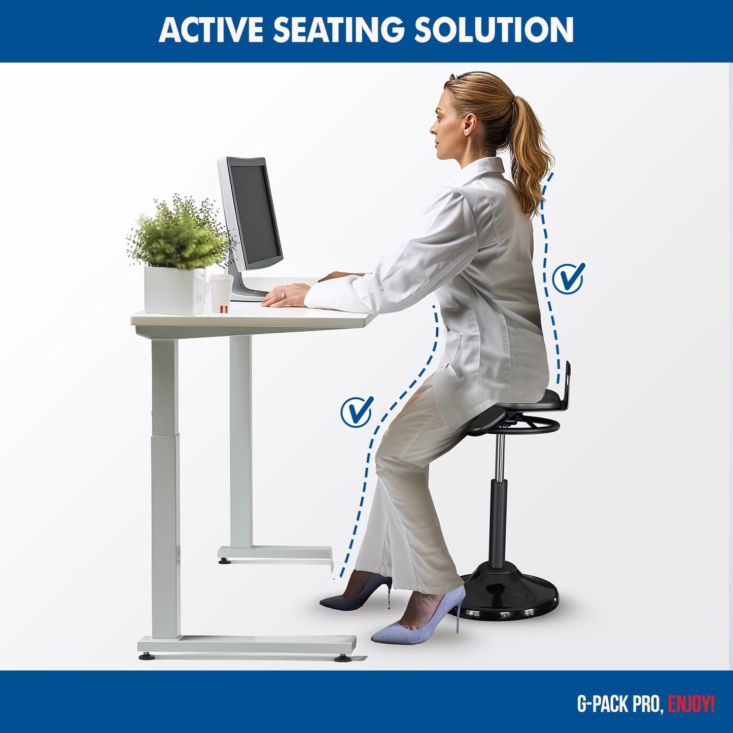 G-Pack Pro Standing Desk Chair | Height Adjustable Active Stool (Black)