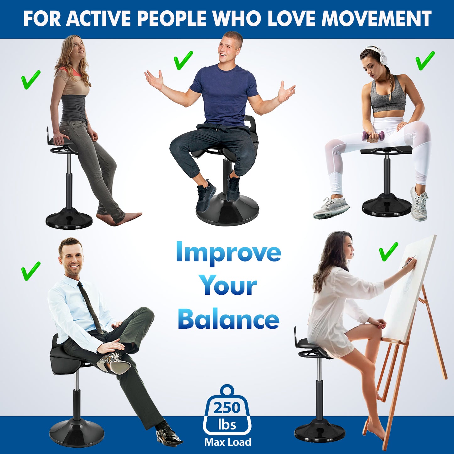 G-Pack Pro Standing Desk Chair | Height Adjustable Active Stool (Black)