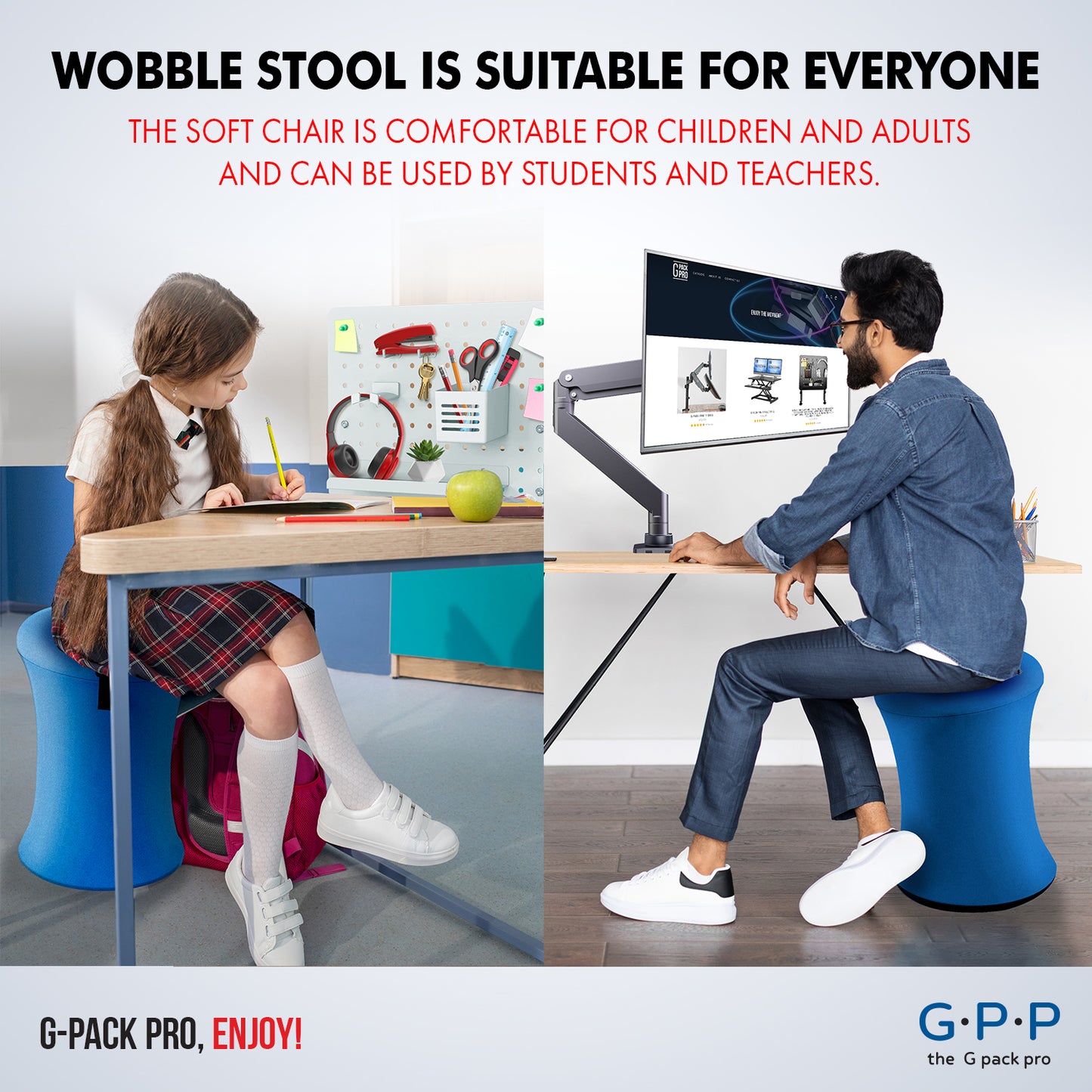 G-Pack Pro Wobble Stool | Height Adjustable, Ergonomic (Blue)