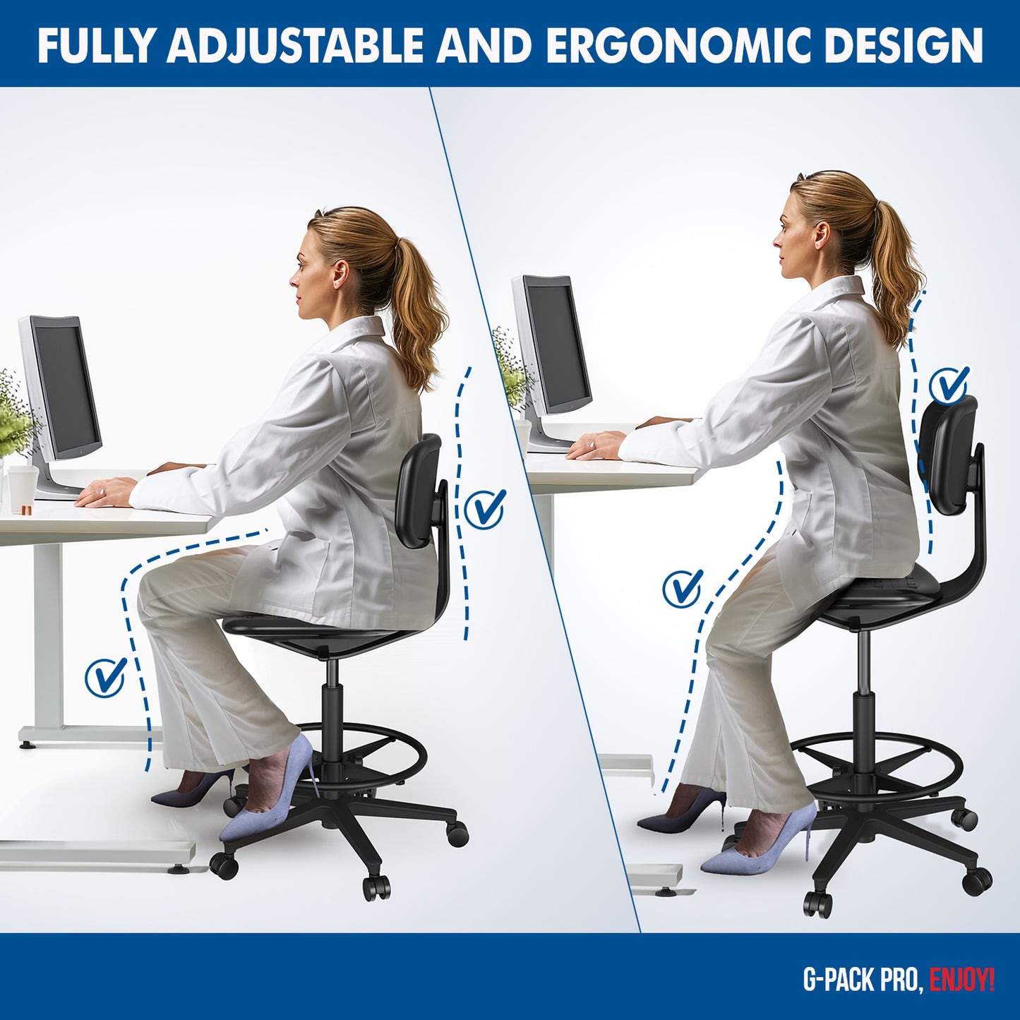G-Pack Pro Adjustable Drafting Chair | Ergonomic with Foot Ring (Black)