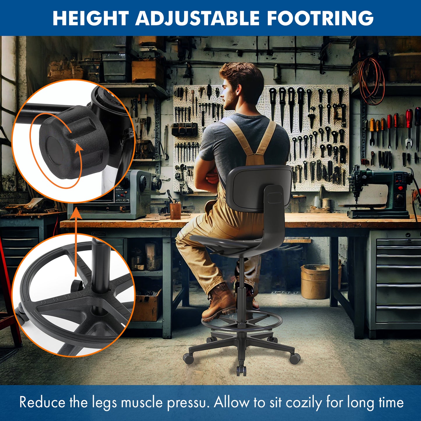 G-Pack Pro Adjustable Drafting Chair | Ergonomic with Foot Ring (Black)