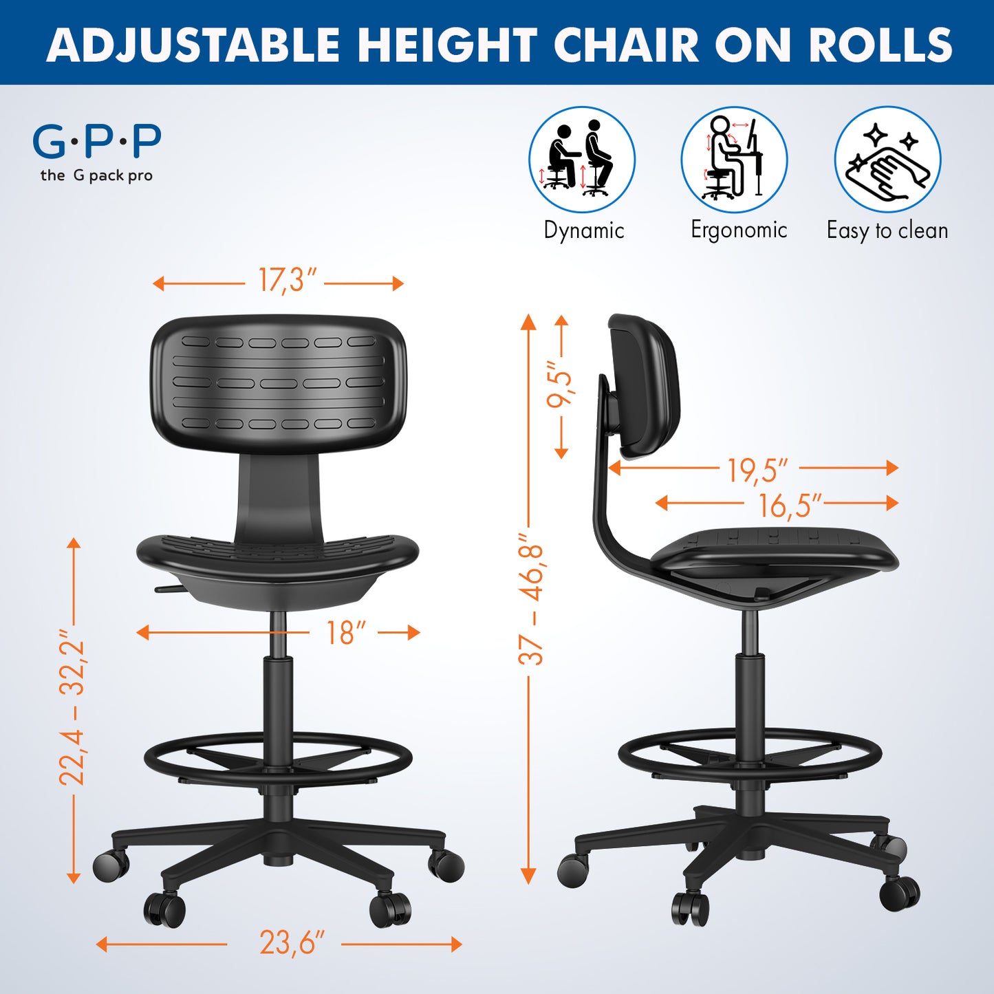 G-Pack Pro Adjustable Drafting Chair | Ergonomic with Foot Ring (Black)