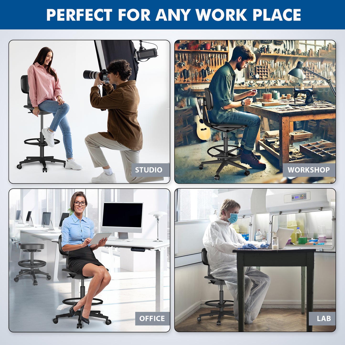 G-Pack Pro Adjustable Drafting Chair | Ergonomic with Foot Ring (Black)