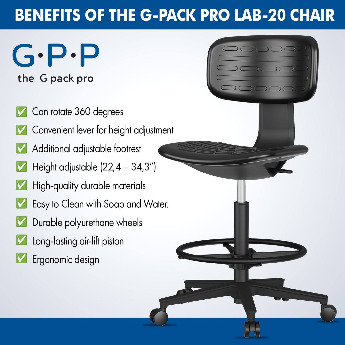 G-Pack Pro Adjustable Drafting Chair | Ergonomic with Foot Ring (Black)