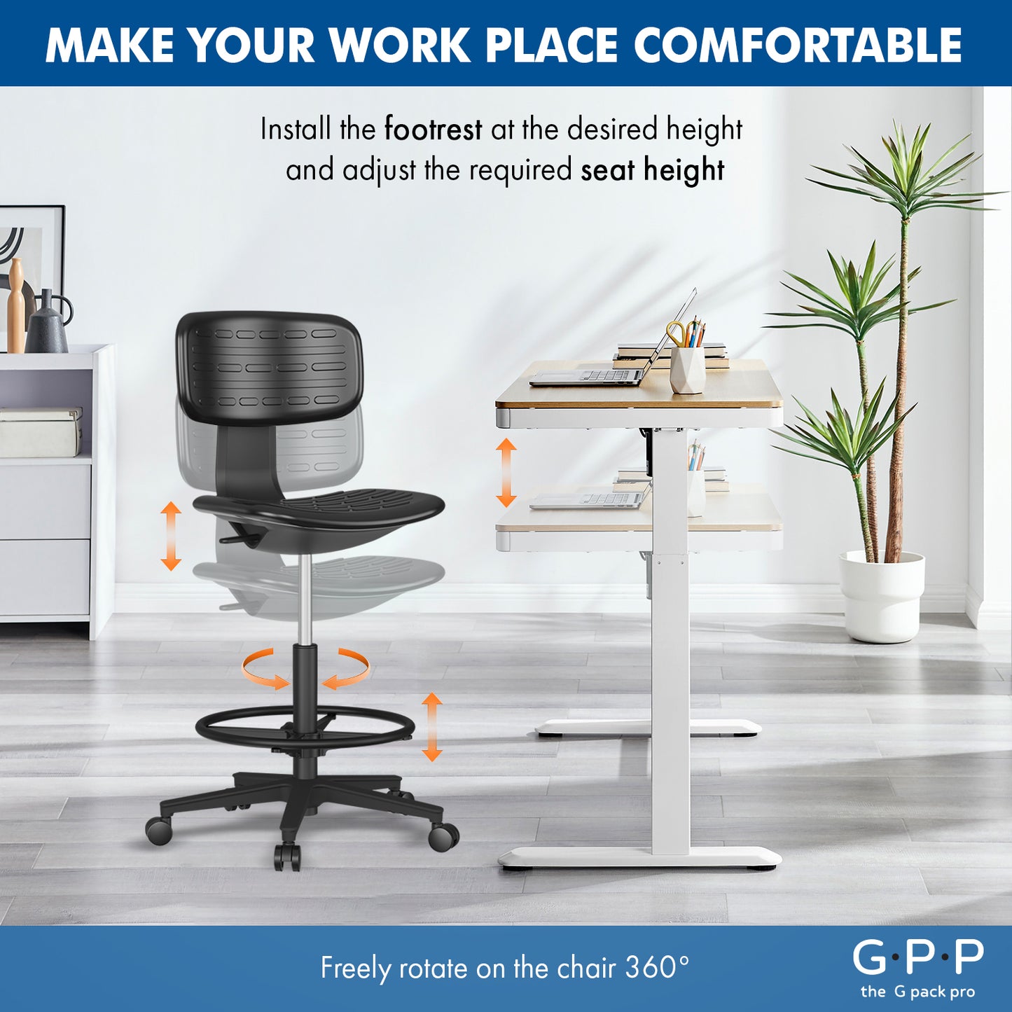G-Pack Pro Adjustable Drafting Chair | Ergonomic with Foot Ring (Black)