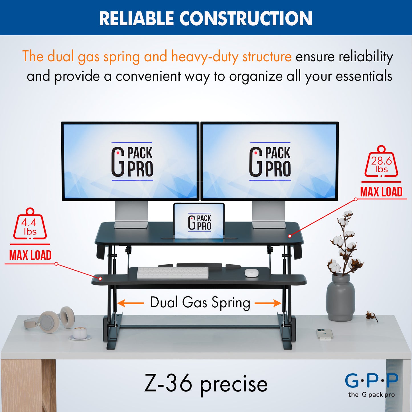 G-Pack Pro 36" Standing Desk Converter – Adjustable Sit-to-Stand Dual Monitor Riser