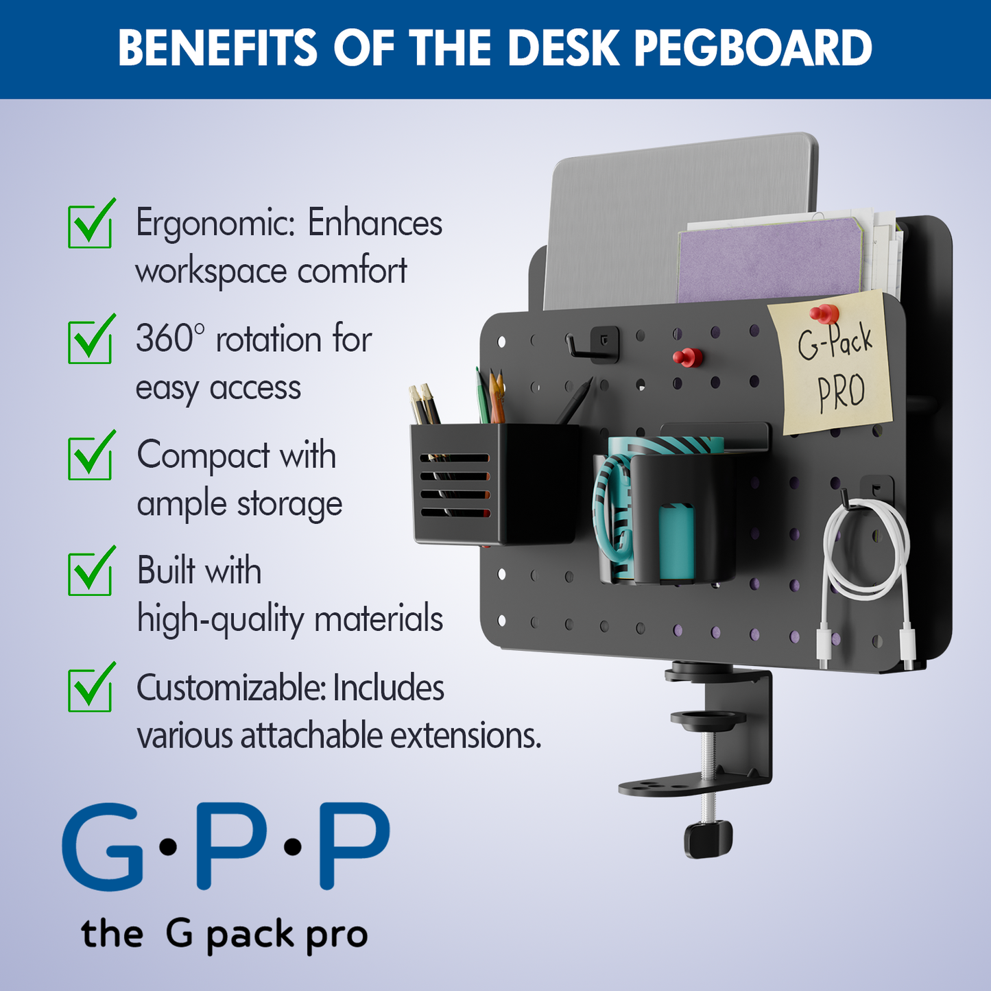 G-Pack Pro Desk Pegboard | Organizer & Privacy Panel (Black)