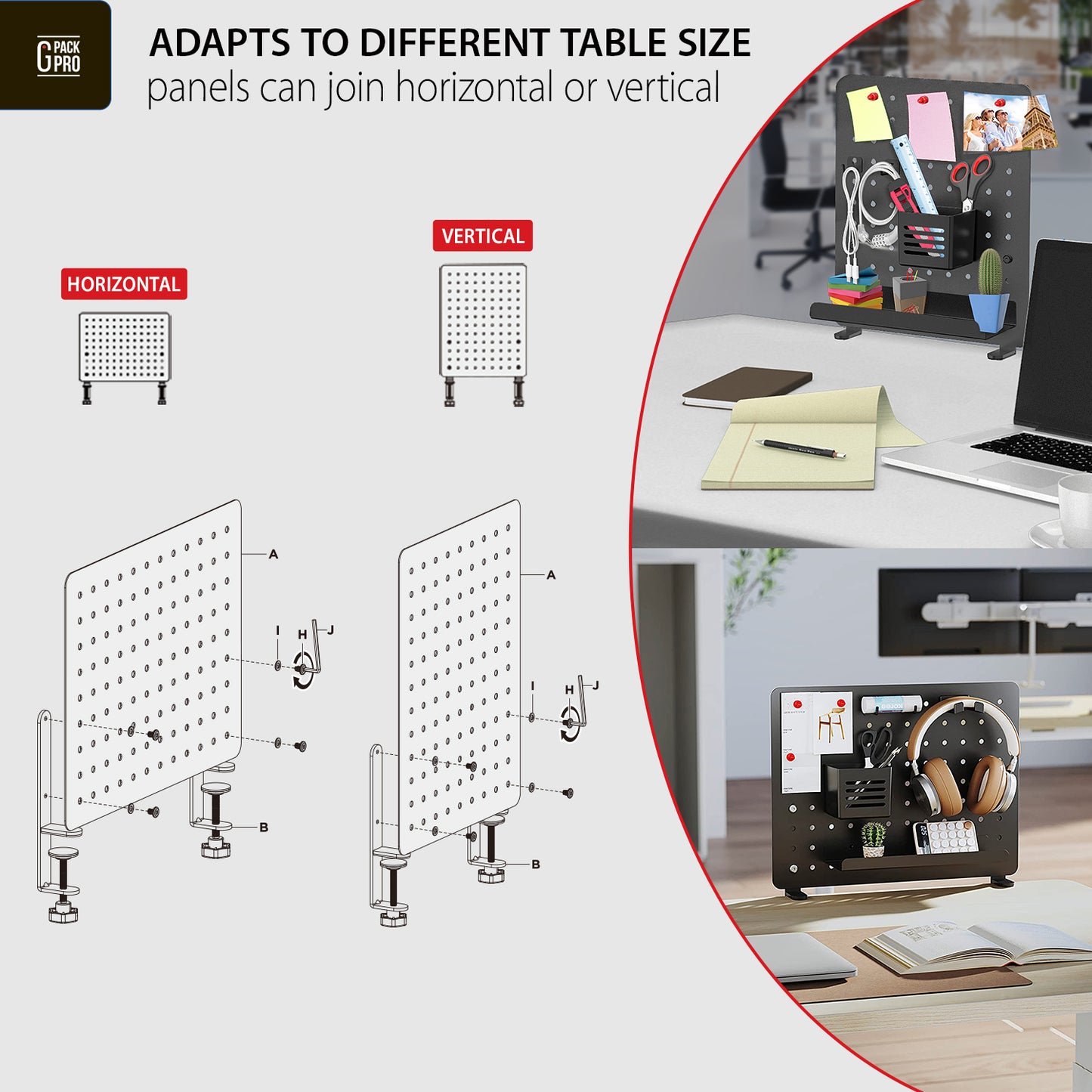 G-Pack Pro Clamp-on Desk Pegboard | Organizer & Privacy Panel (Black)