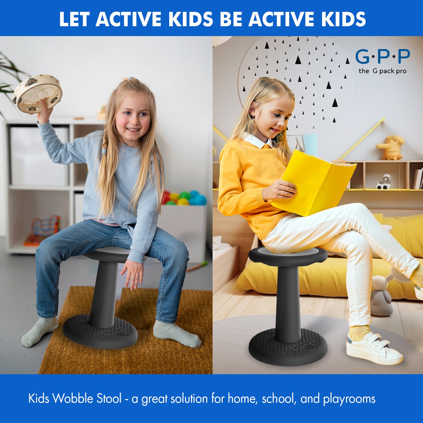 G-Pack Pro Kids Wobble Stool 2-Pack | Flexible Seating for Kids (Black)