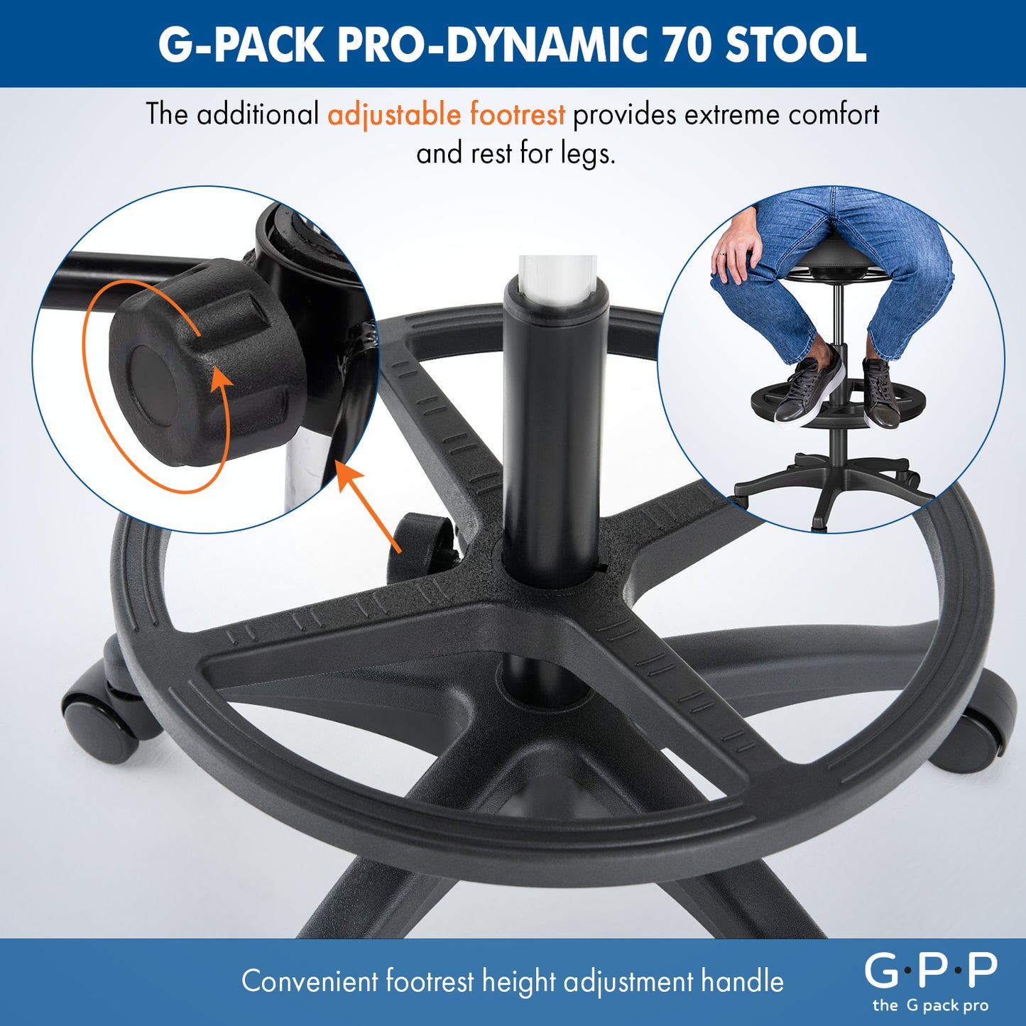 G-Pack Pro Rolling Stool | Ergonomic, Adjustable Swivel with Foot Rest (Black)