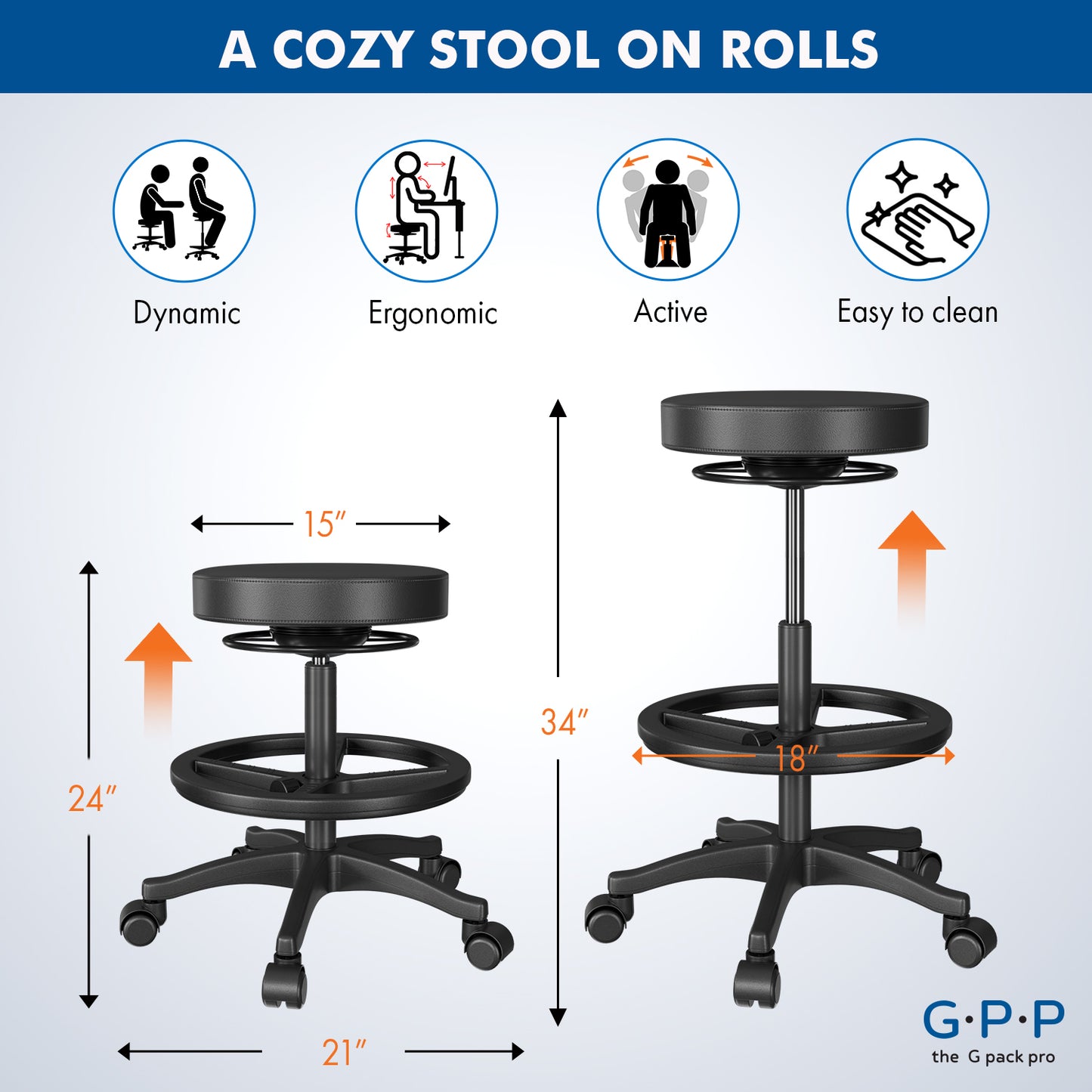 G-Pack Pro Rolling Stool | Ergonomic, Adjustable Swivel with Foot Rest (Black)