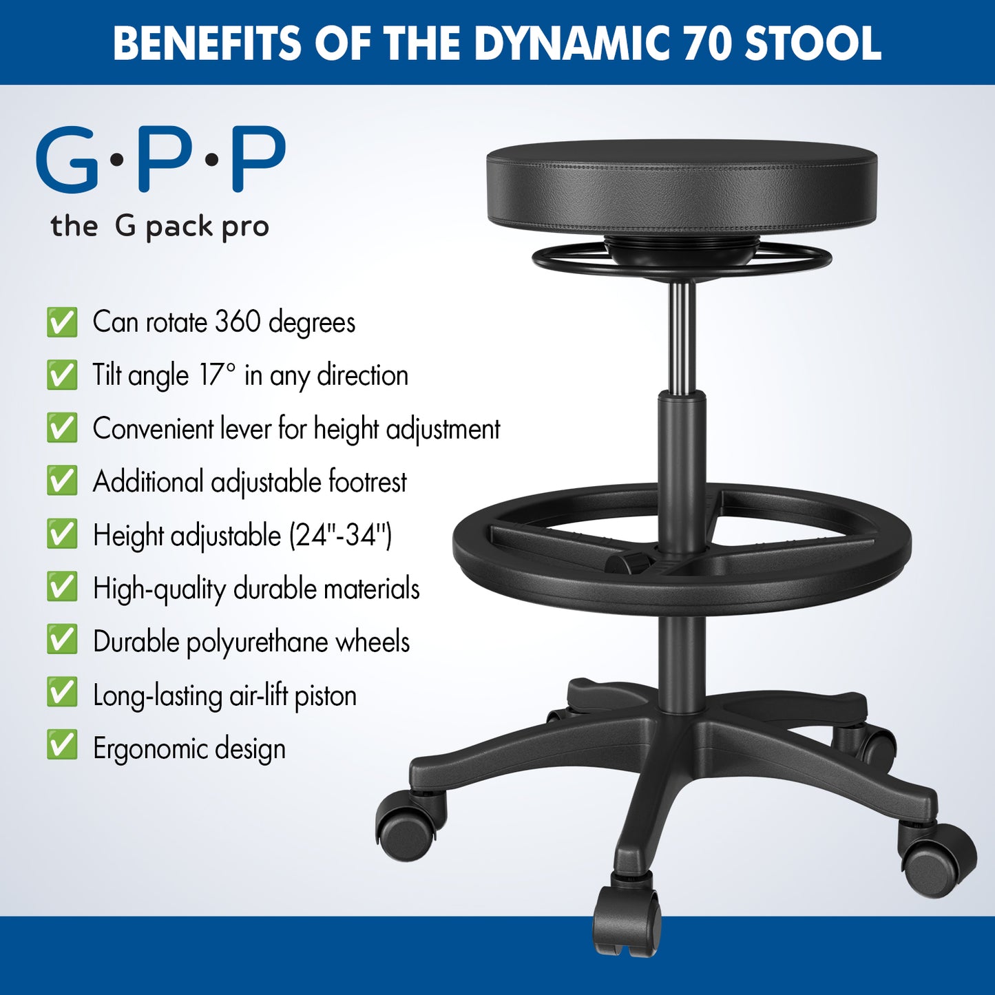 G-Pack Pro Rolling Stool | Ergonomic, Adjustable Swivel with Foot Rest (Black)