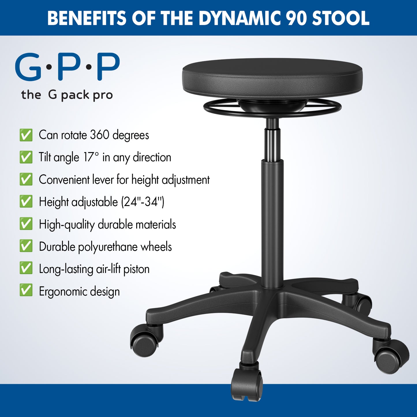 G-Pack Pro Rolling Stool | Ergonomic, Adjustable Swivel (Black)