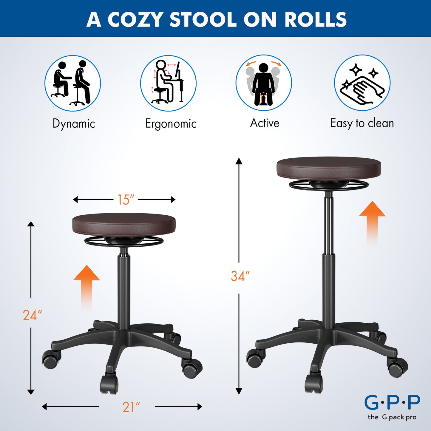 G-PACK PRO Rolling Swivel Stool – Ergonomic, Adjustable Seating (Brown)