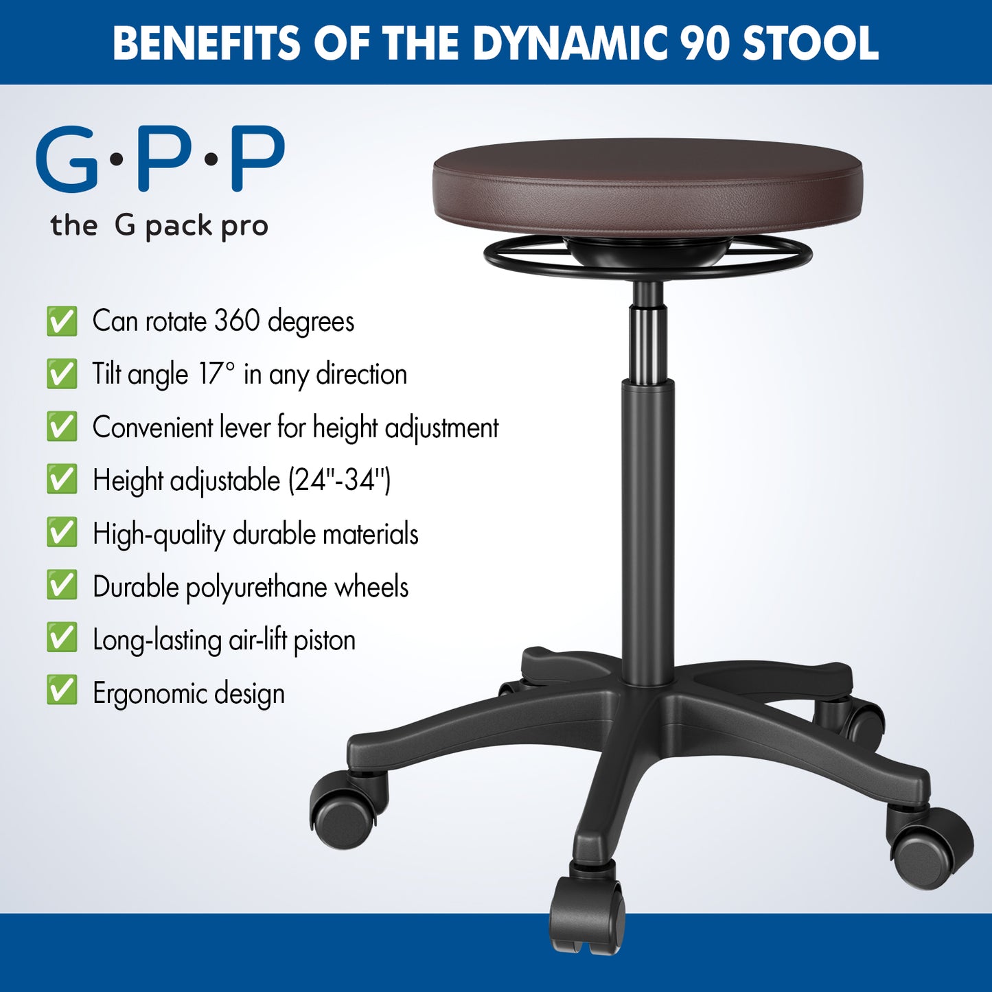 G-PACK PRO Rolling Swivel Stool – Ergonomic, Adjustable Seating (Brown)