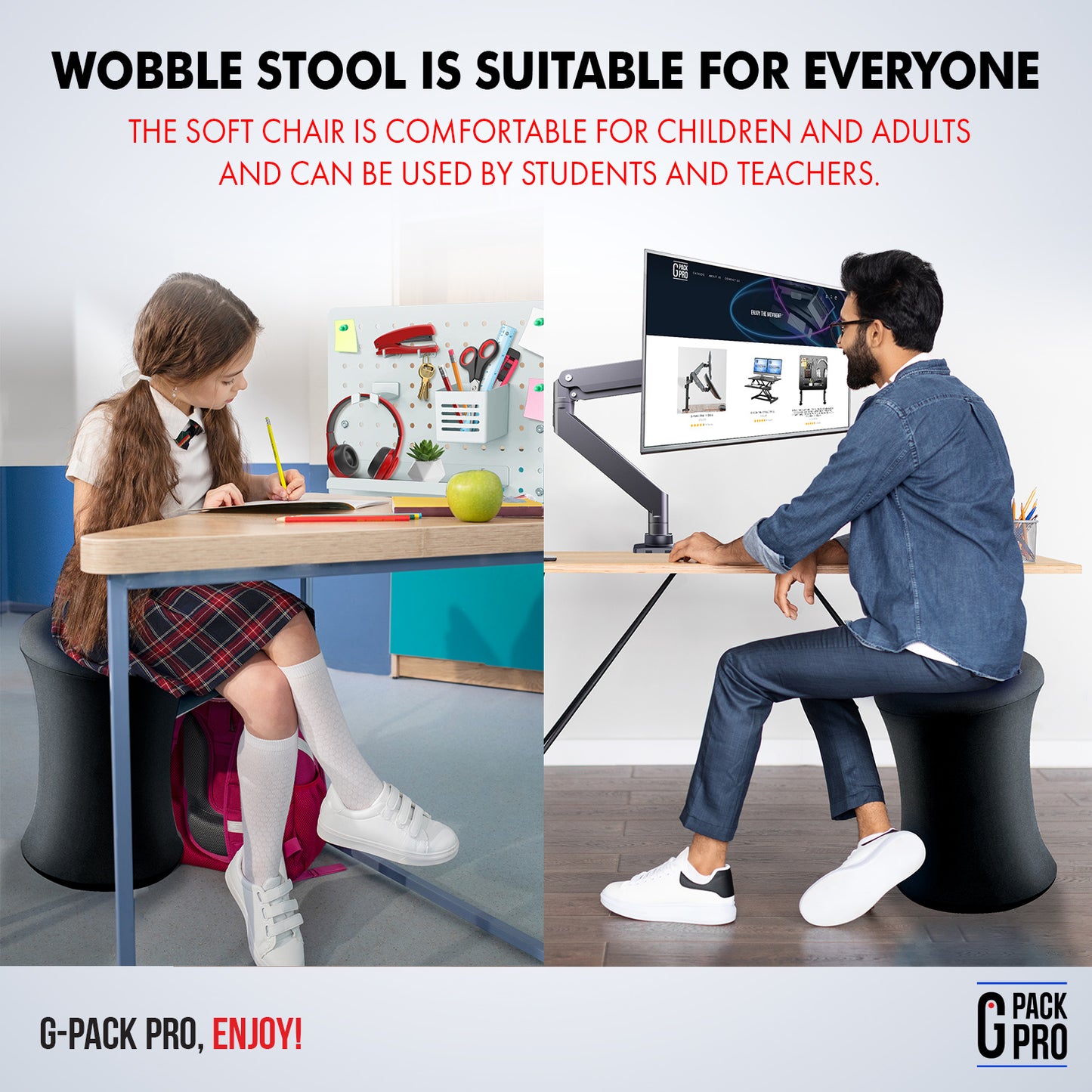 G-Pack Pro Wobble Stool | Height Adjustable, Ergonomic (Black)