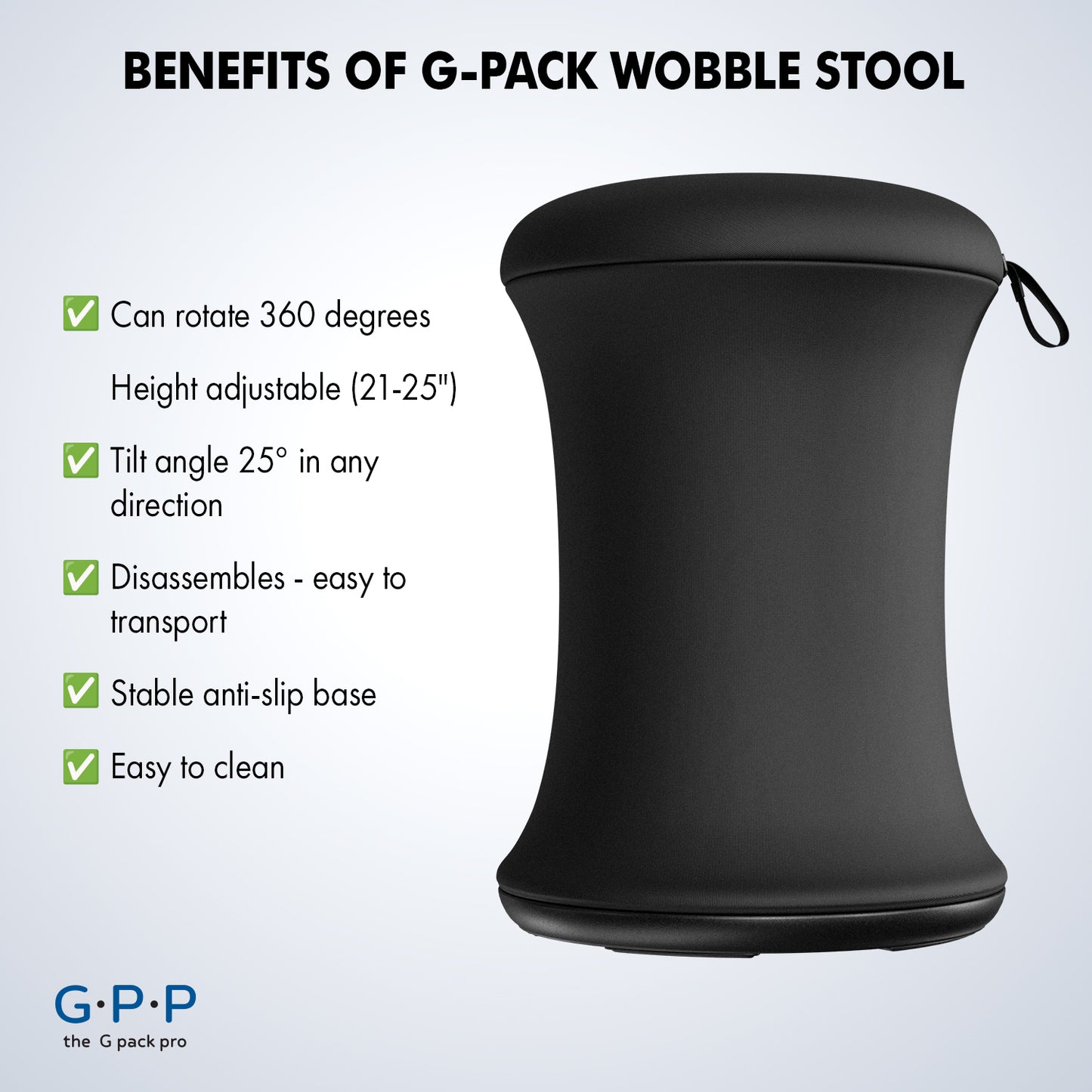 G-Pack Pro Wobble Stool | Height Adjustable, Ergonomic (Black)