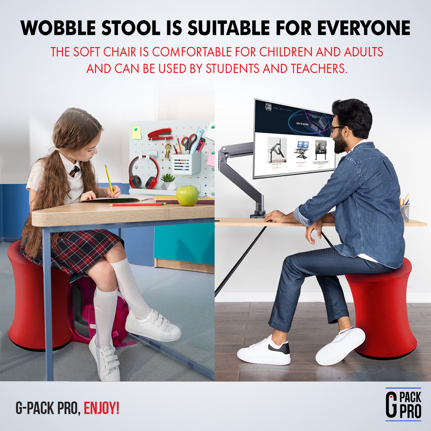 G-Pack Pro Wobble Stool | Height Adjustable, Ergonomic (Red)