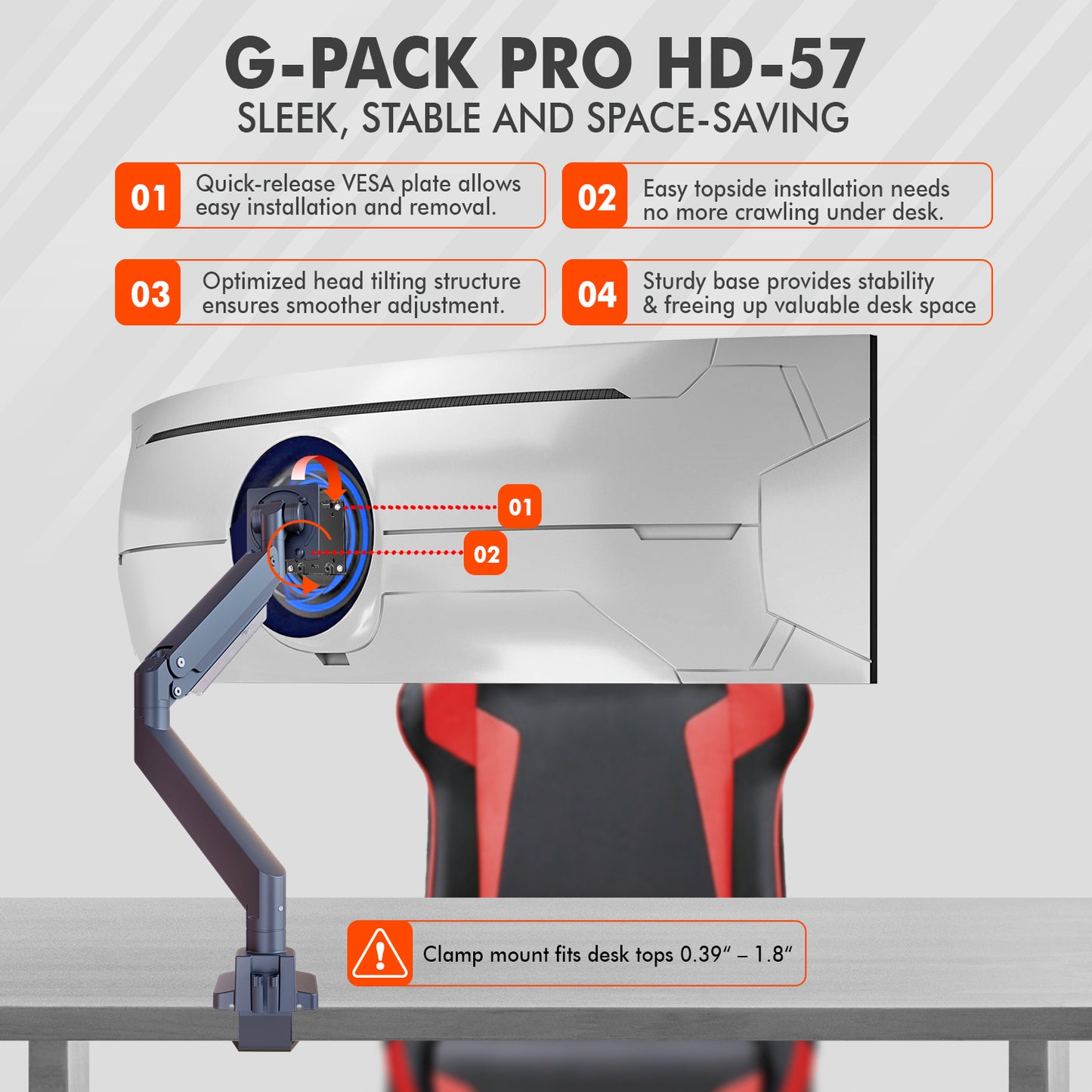 G-Pack Pro Single Monitor Arm | Heavy-Duty for 57" Screens (Black)